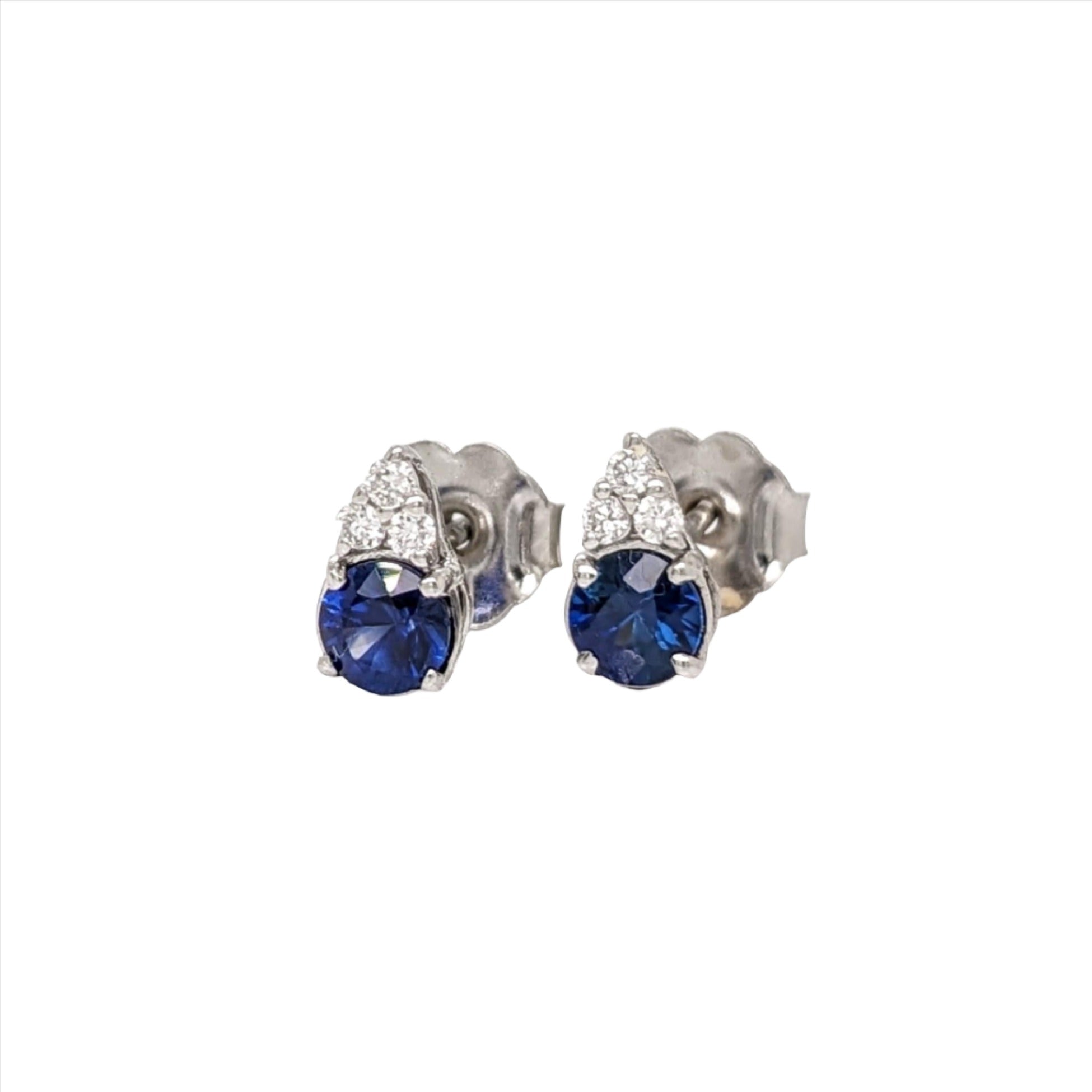 Blue Sapphire Stud Earrings w Earth Mined Diamonds in Solid 14K Gold | Round 3.5