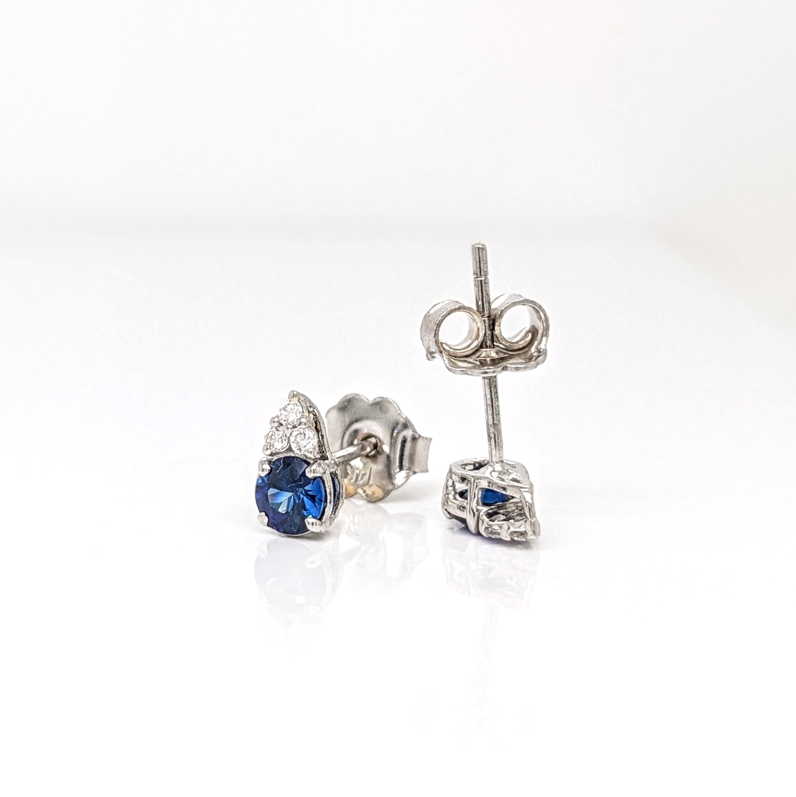 Blue Sapphire Stud Earrings w Earth Mined Diamonds in Solid 14K Gold | Round 3.5