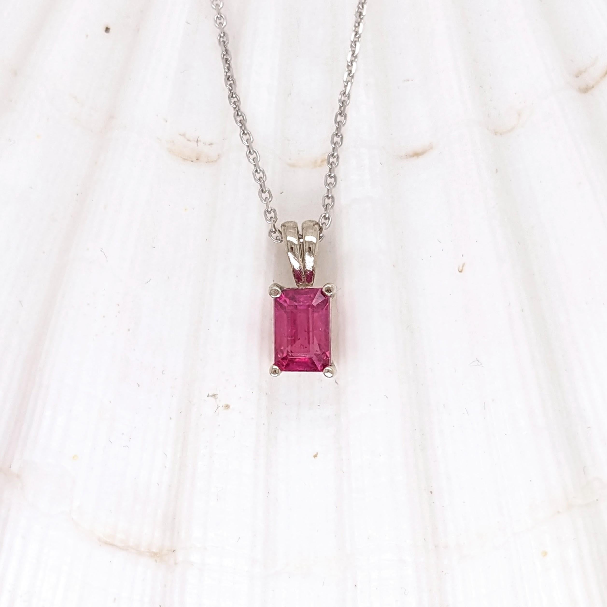 Red Ruby Pendant in Solid 14K White Gold | Emerald Cut 6x4mm | Solitaire Pendant