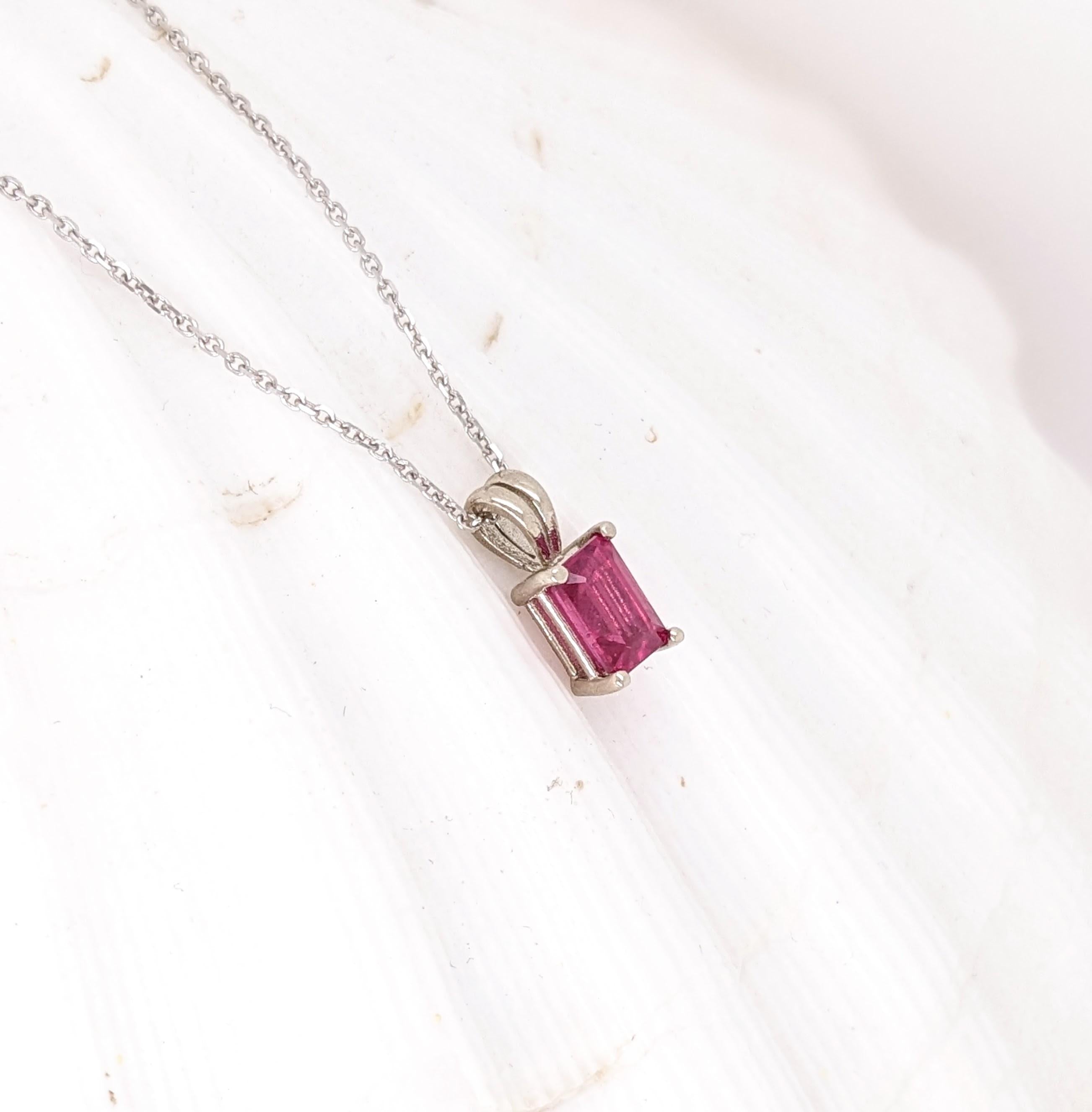 Red Ruby Pendant in Solid 14K White Gold | Emerald Cut 6x4mm | Solitaire Pendant