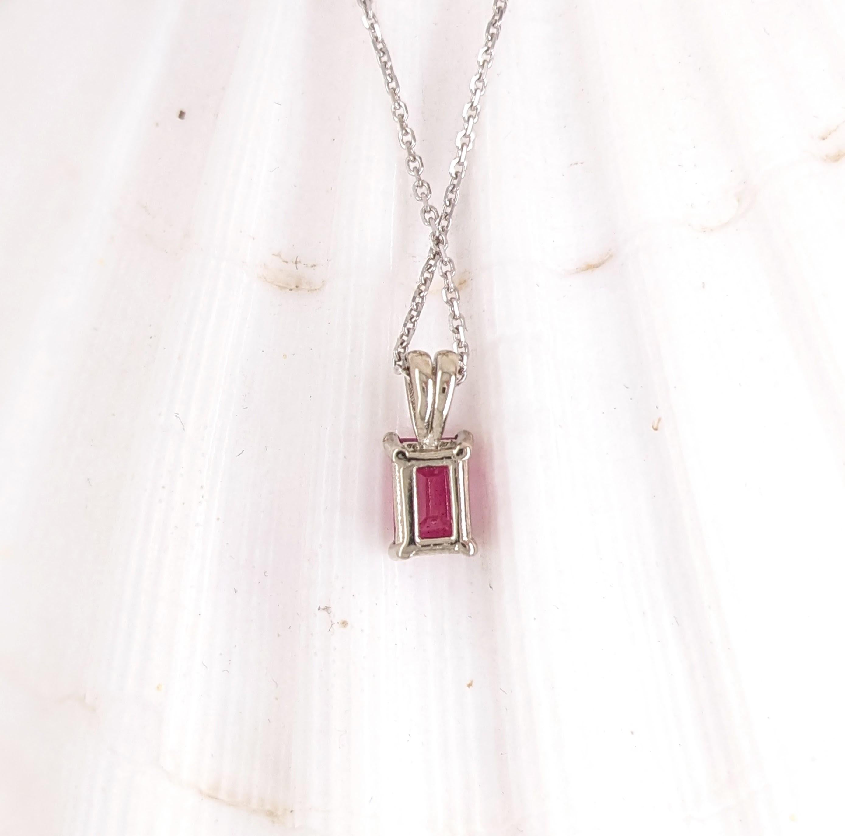 Red Ruby Pendant in Solid 14K White Gold | Emerald Cut 6x4mm | Solitaire Pendant