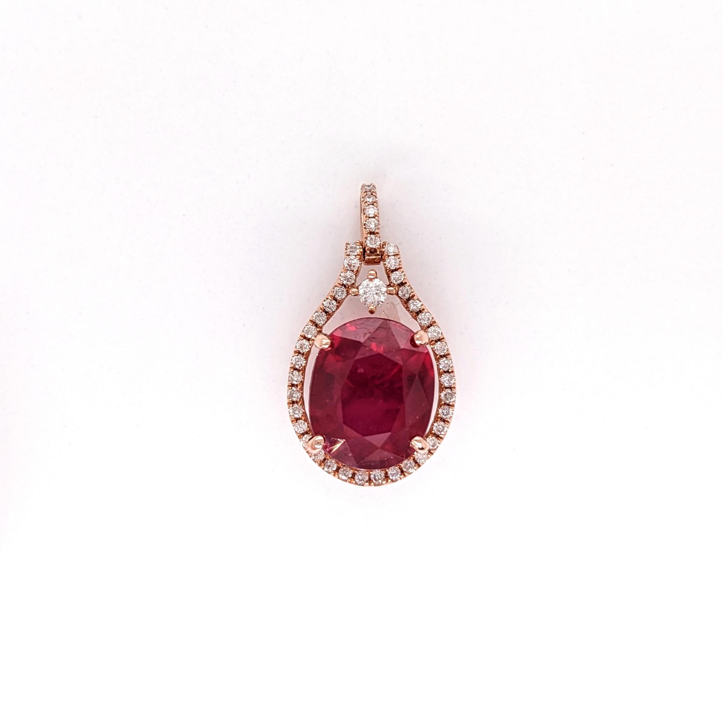 5.2ct Red Ruby Pendant w Earth Mined Diamonds in Solid 14K Rose Gold | Oval 11x9mm