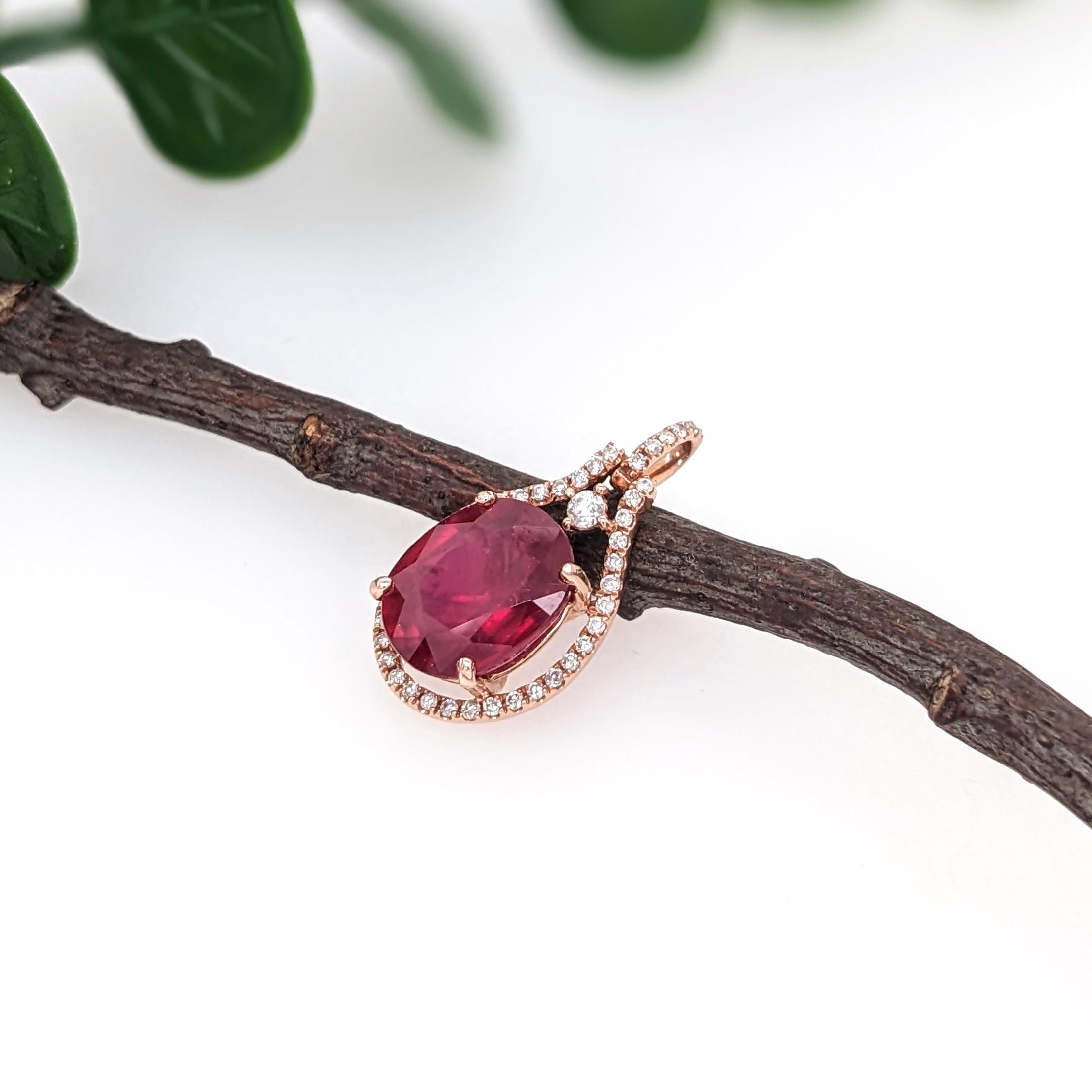 5.2ct Red Ruby Pendant w Earth Mined Diamonds in Solid 14K Rose Gold | Oval 11x9