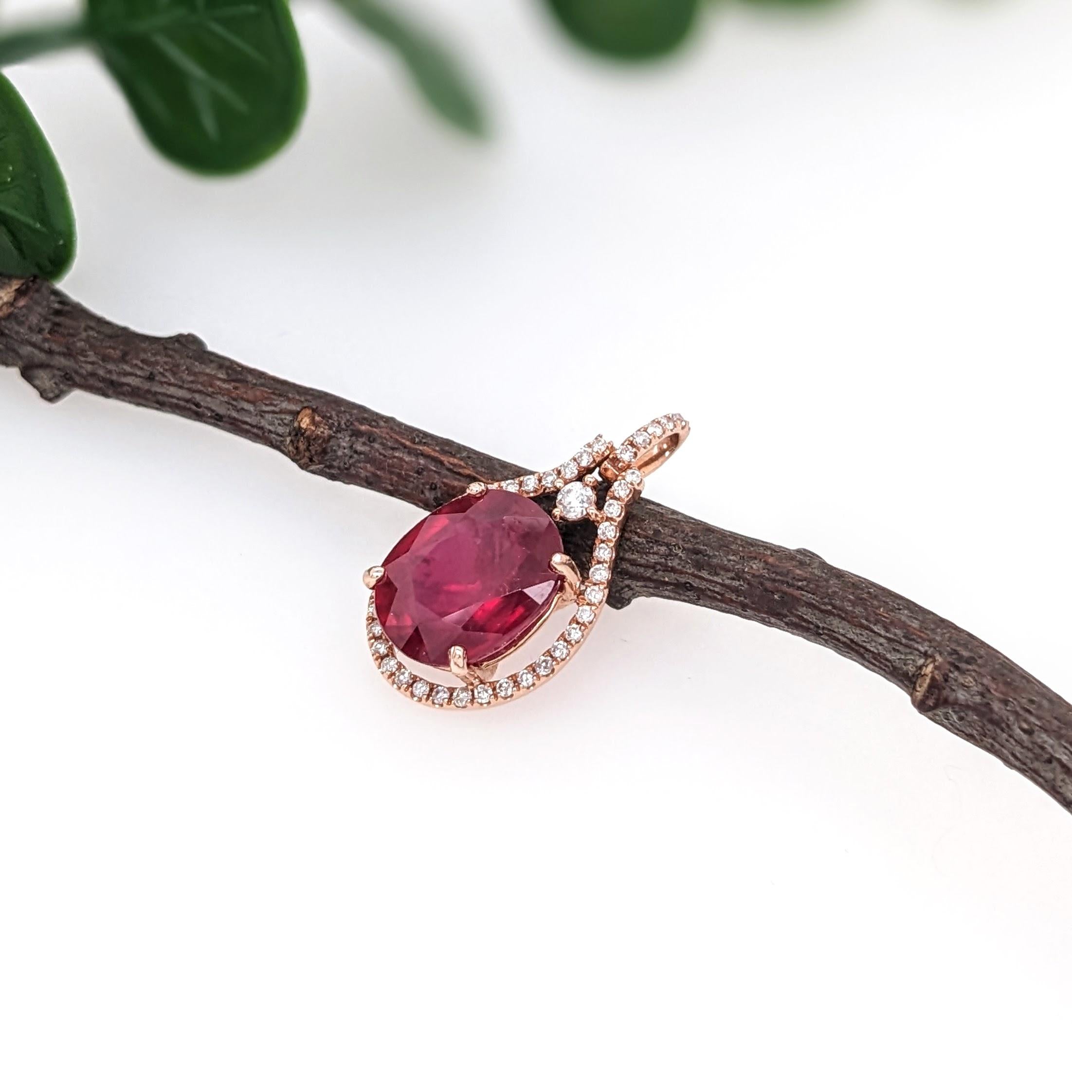 5.2ct Red Ruby Pendant w Earth Mined Diamonds in Solid 14K Rose Gold | Oval 11x9mm