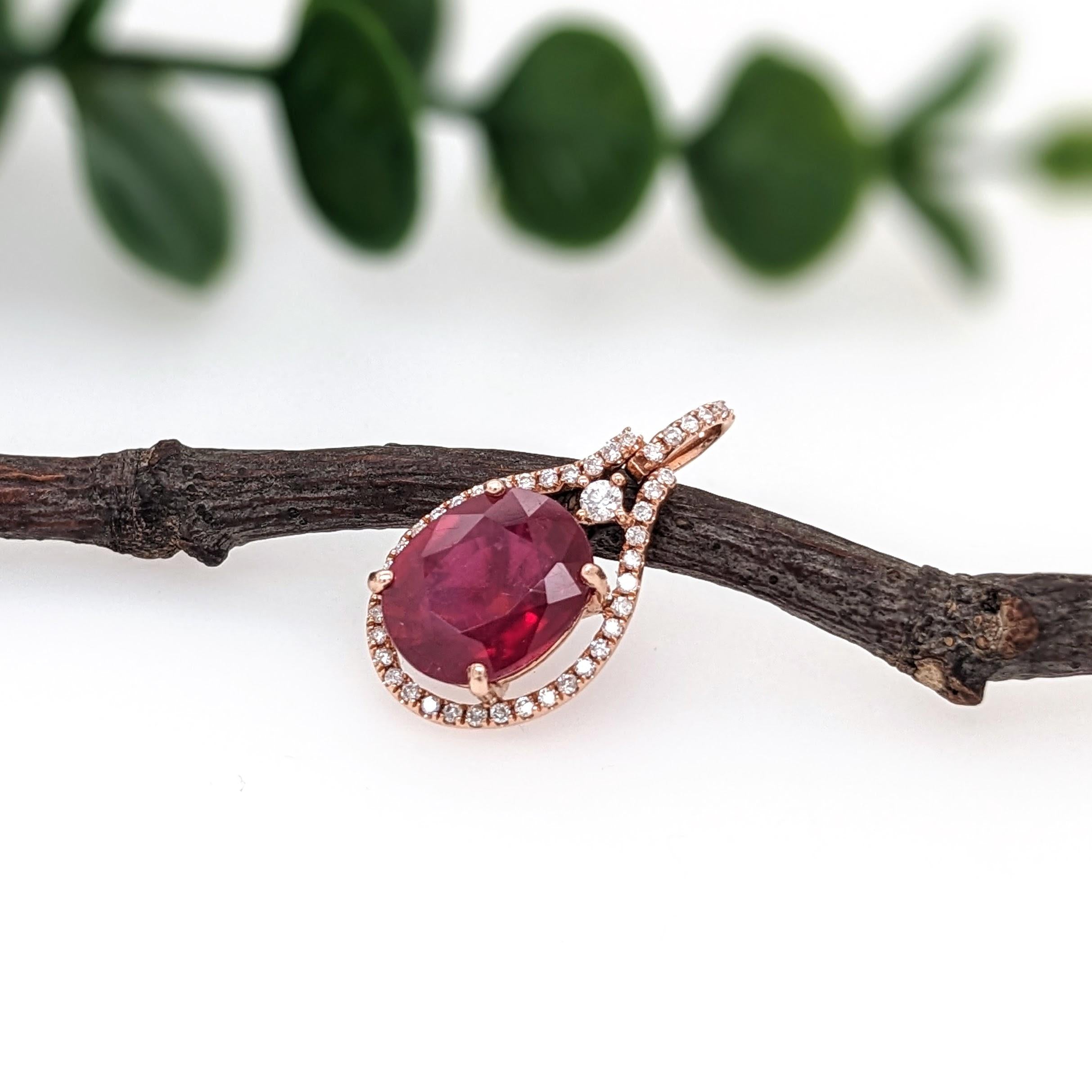 5.2ct Red Ruby Pendant w Earth Mined Diamonds in Solid 14K Rose Gold | Oval 11x9mm