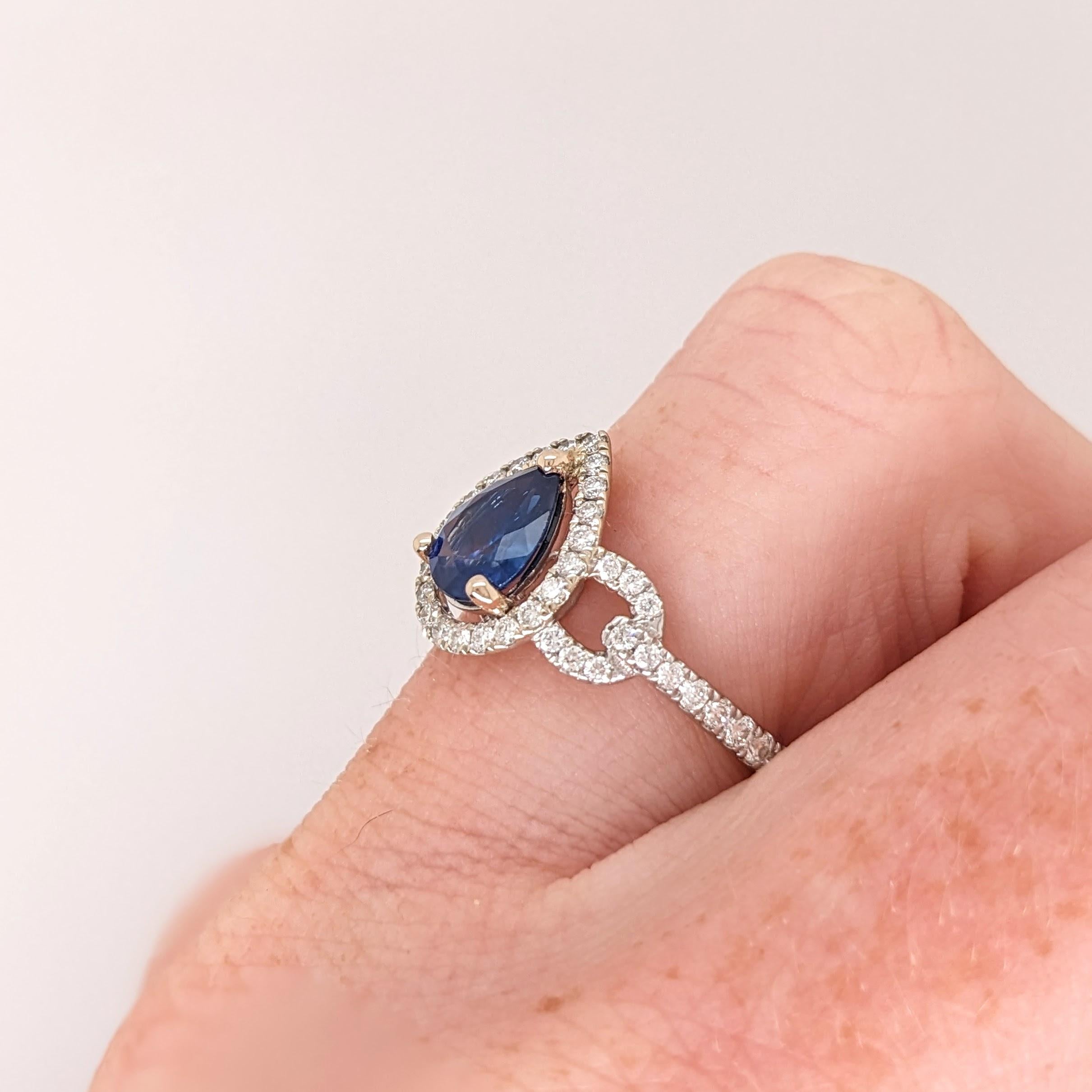 Blue Sapphire Ring w Earth Mined Diamonds in Solid 14K Gold | Pear Shape 8x6mm