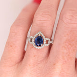 Blue Sapphire Ring w Earth Mined Diamonds in Solid 14K Gold | Pear Shape 8x6mm