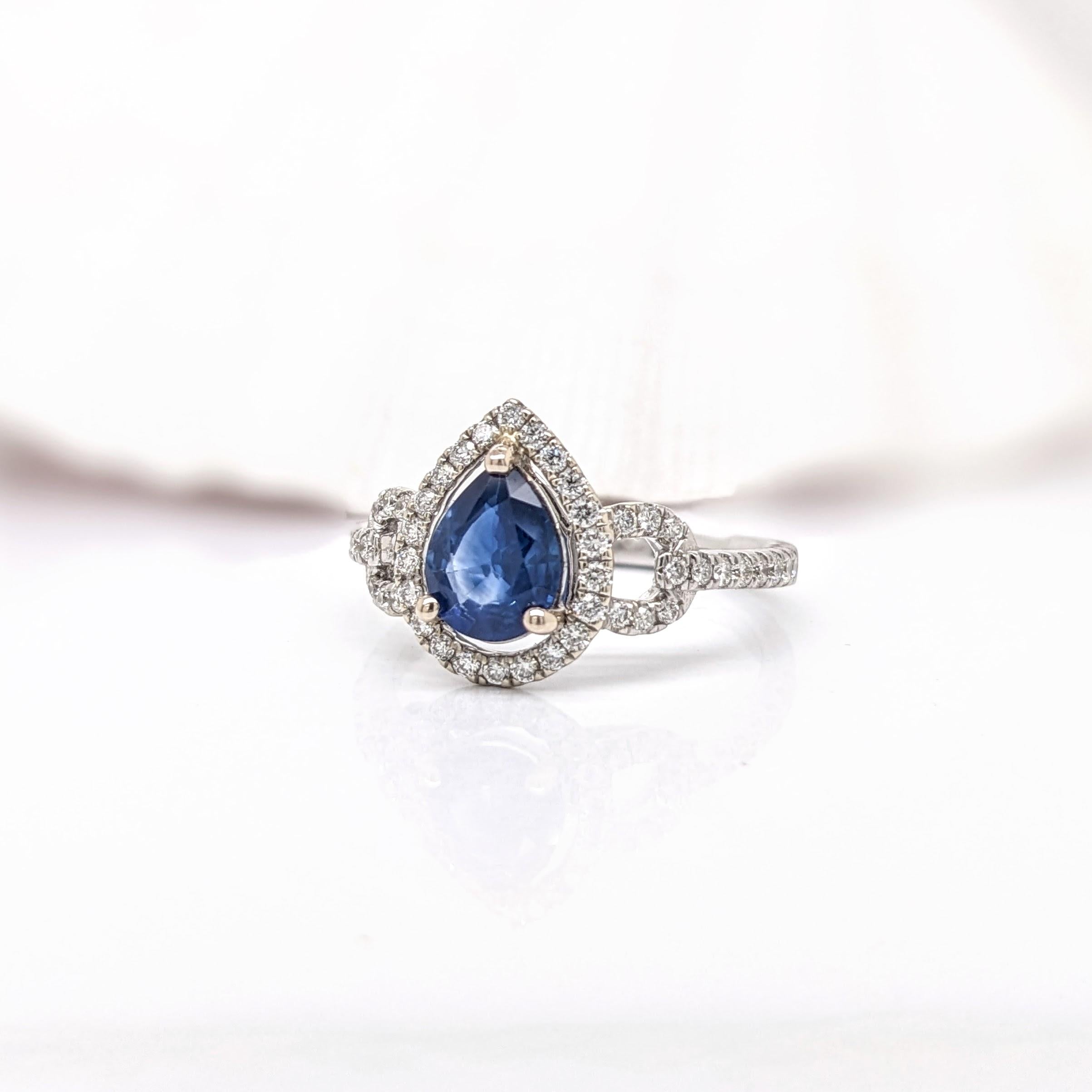 Blue Sapphire Ring w Earth Mined Diamonds in Solid 14K Gold | Pear Shape 8x6mm