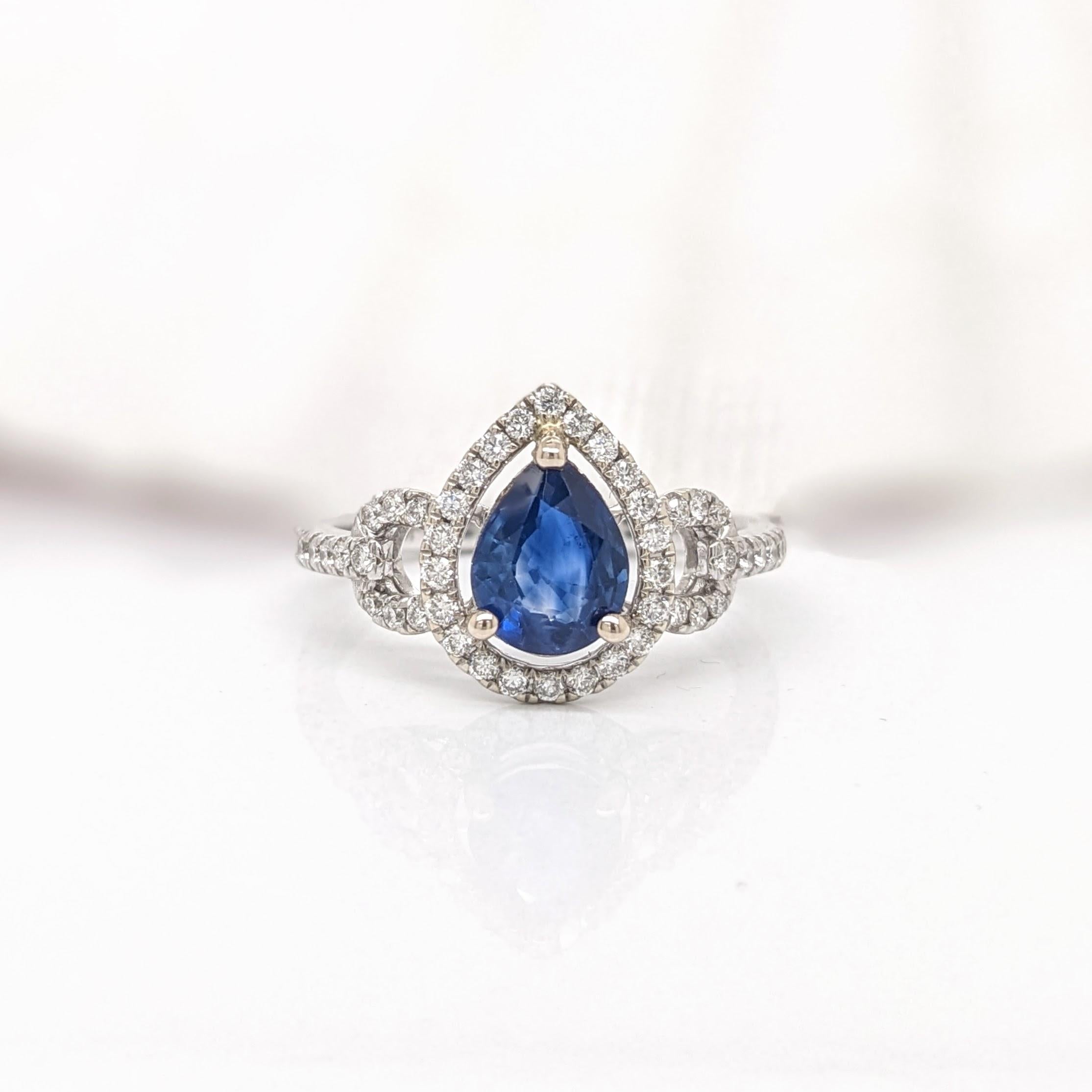 Blue Sapphire Ring w Earth Mined Diamonds in Solid 14K Gold | Pear Shape 8x6mm