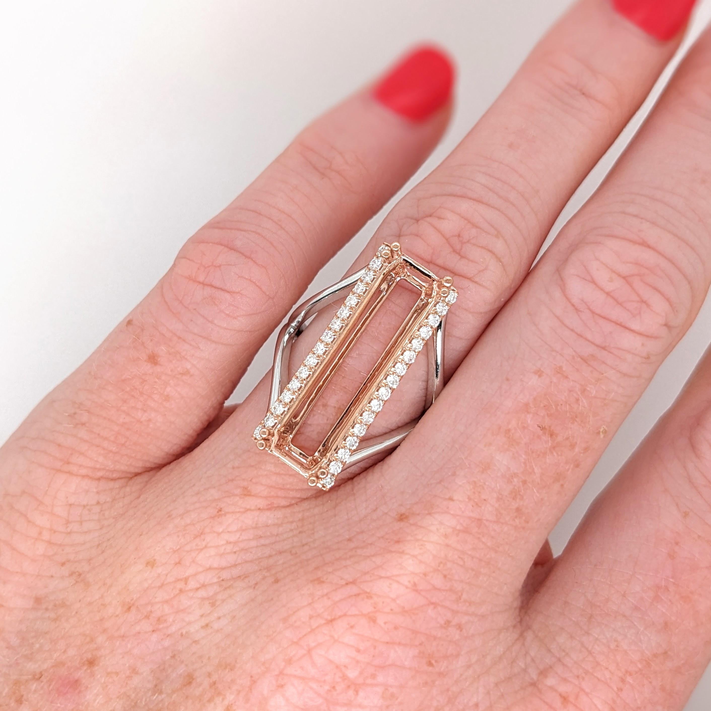 Ring Semi Mount w Earth Mined Diamonds in Solid 14K Gold | Emerald Cut 25.5x6.7