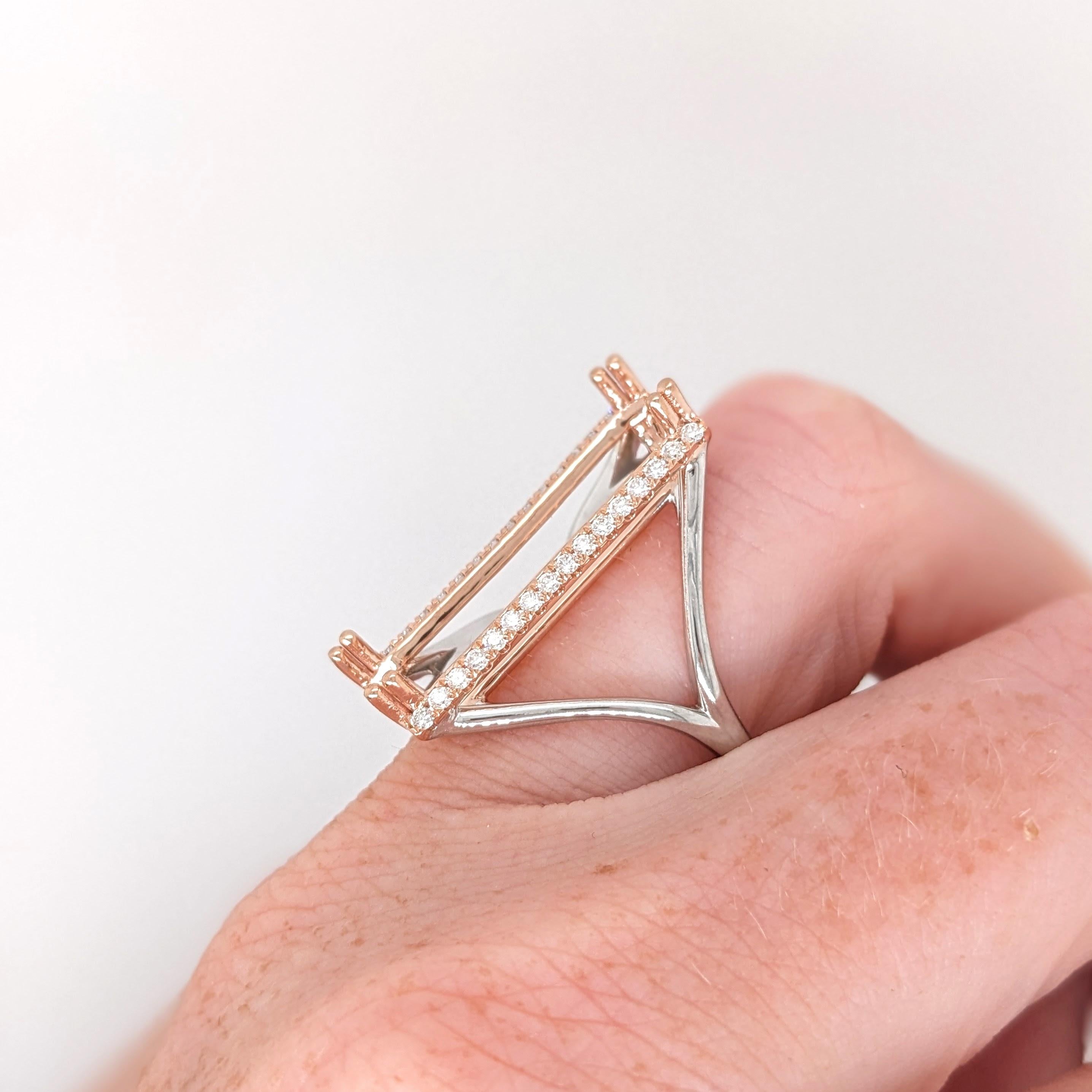 Ring Semi Mount w Earth Mined Diamonds in Solid 14K Gold | Emerald Cut 25.5x6.7