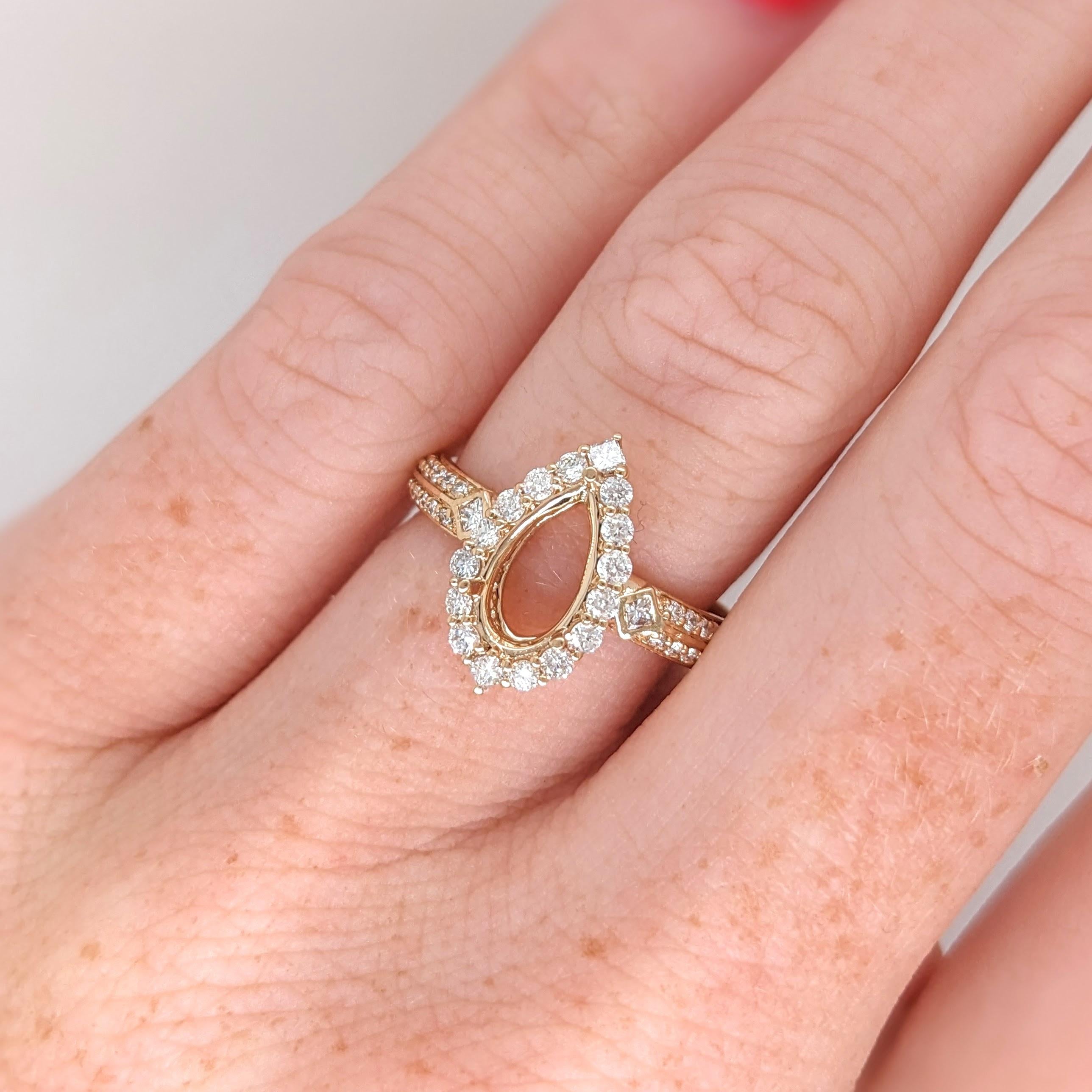 Ring Semi Mount w Earth Mined Diamonds in Solid 14K Gold | Pear Shape 9.5x5mm