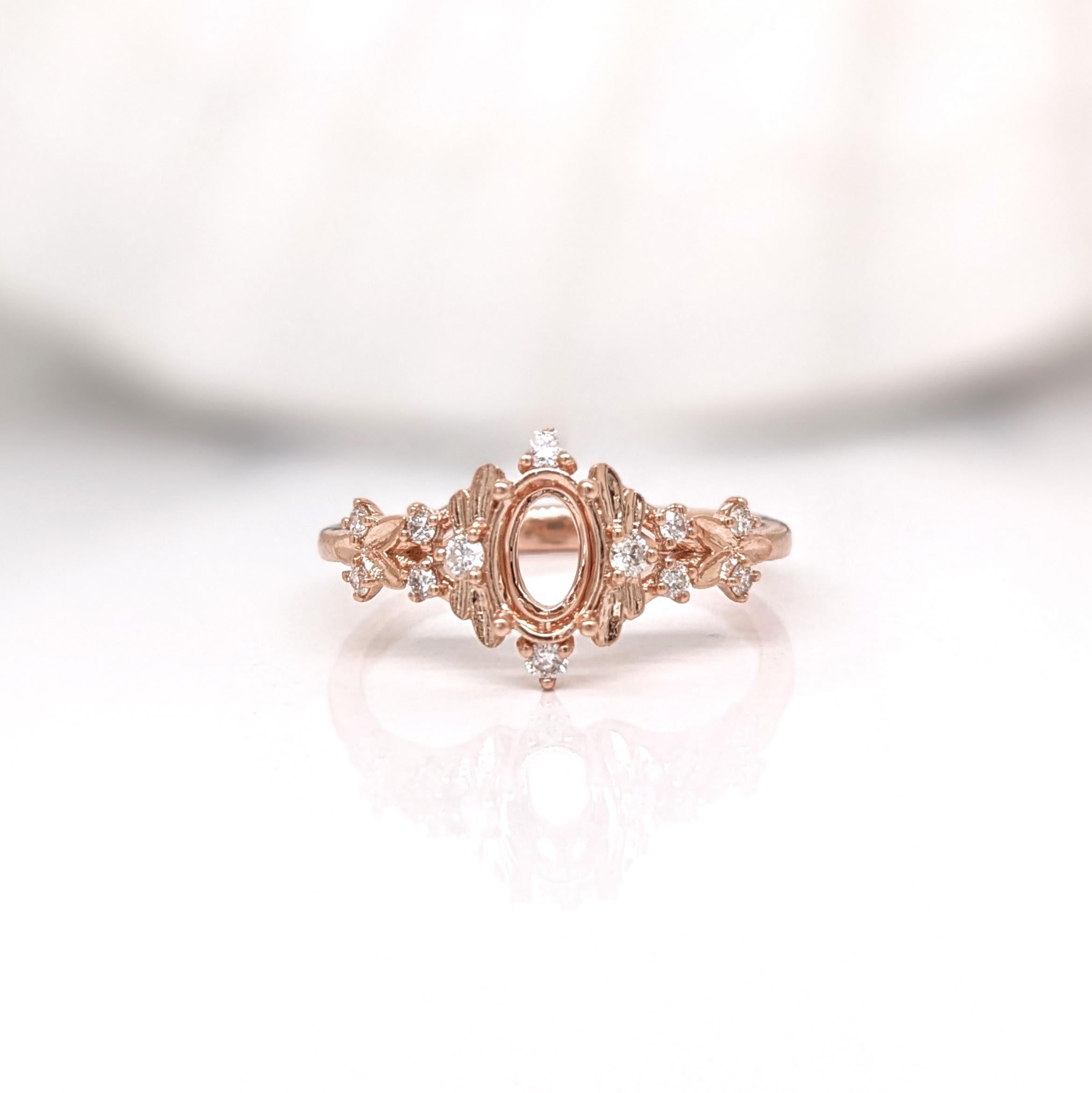 Ring Semi Mount w Earth Mined Diamonds in Solid 14K Gold | Oval 6.5x4.5mm