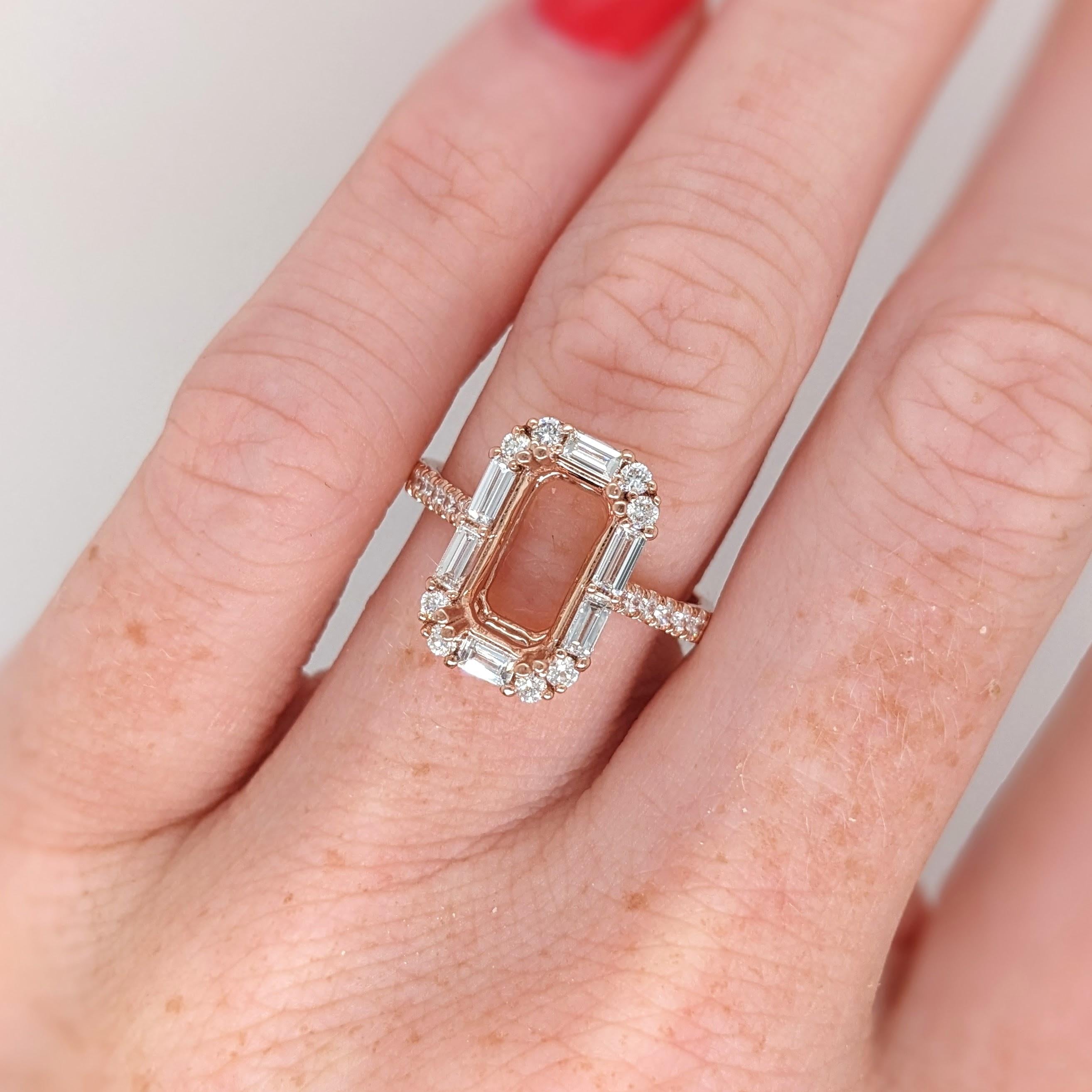 Ring Semi Mount w Earth Mined Diamonds in Solid 14K Gold | Emerald Cut 10.5x5mm