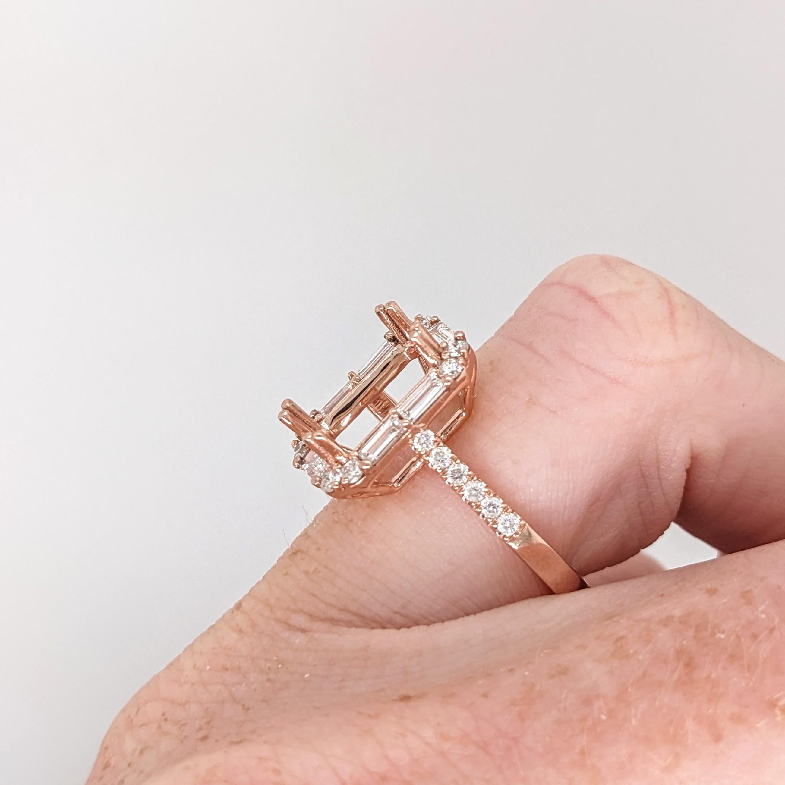 Ring Semi Mount w Earth Mined Diamonds in Solid 14K Gold | Emerald Cut 10.5x5mm