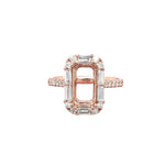 Ring Semi Mount w Earth Mined Diamonds in Solid 14K Gold | Emerald Cut 10.5x5mm