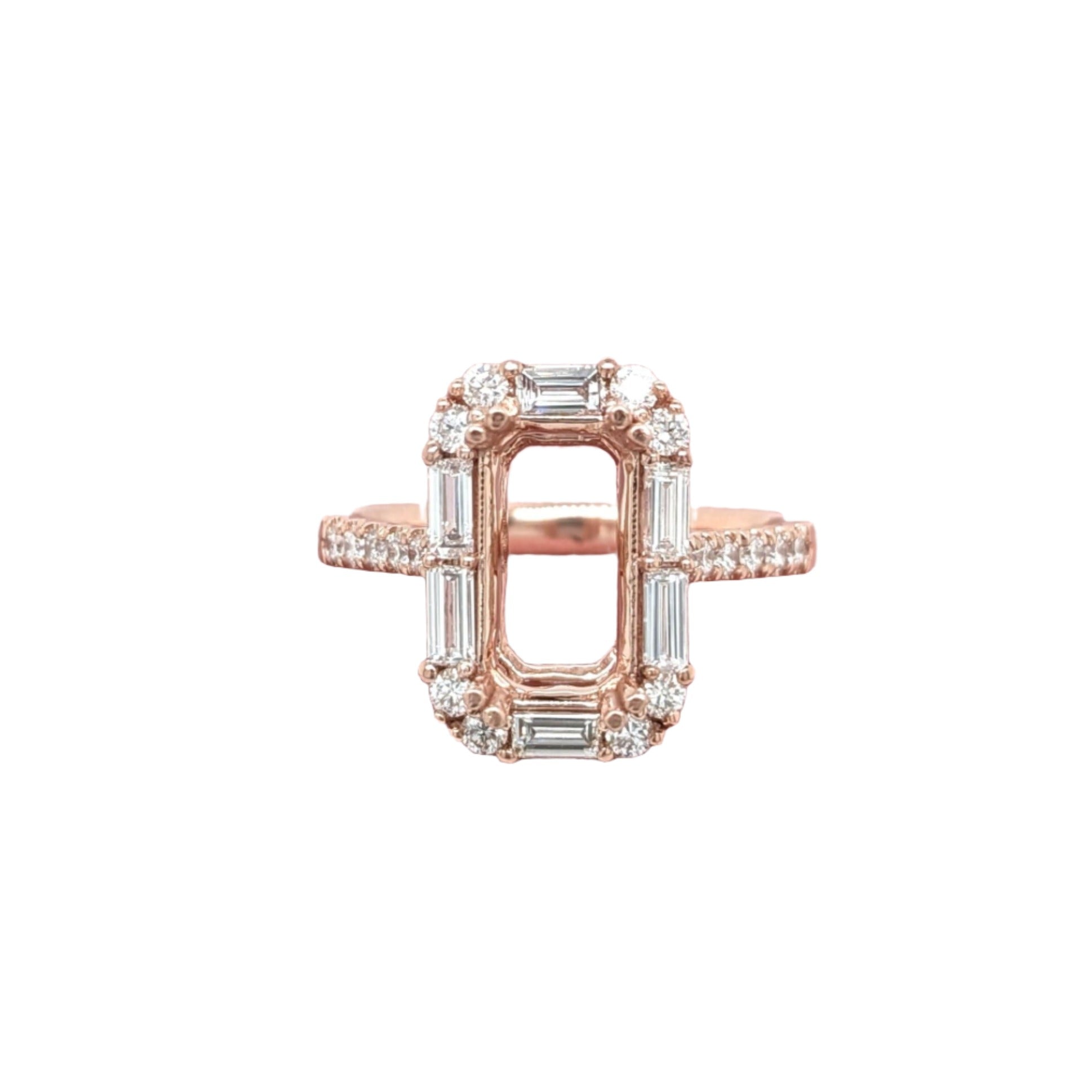 Ring Semi Mount w Earth Mined Diamonds in Solid 14K Gold | Emerald Cut 10.5x5mm