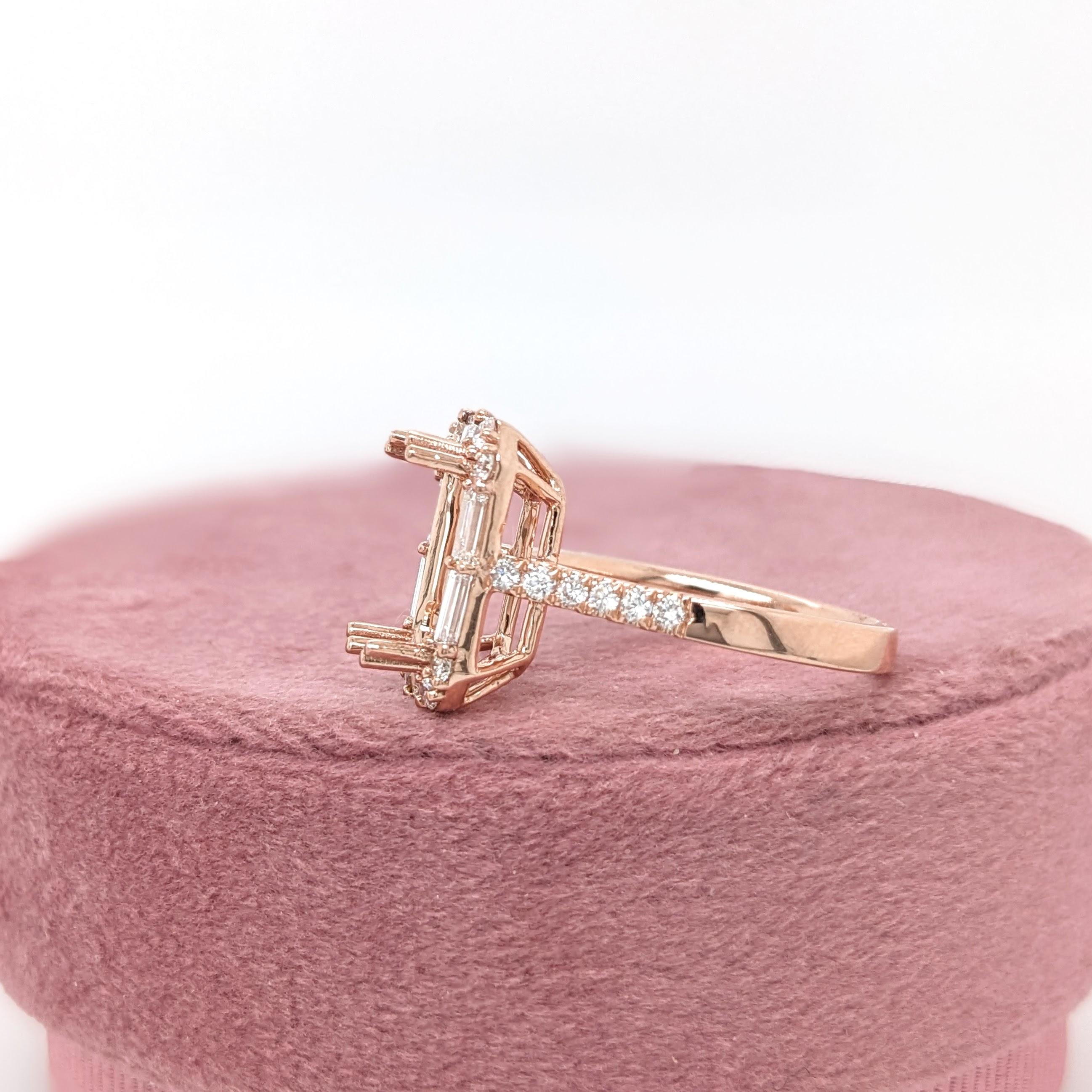 Ring Semi Mount w Earth Mined Diamonds in Solid 14K Gold | Emerald Cut 10.5x5mm