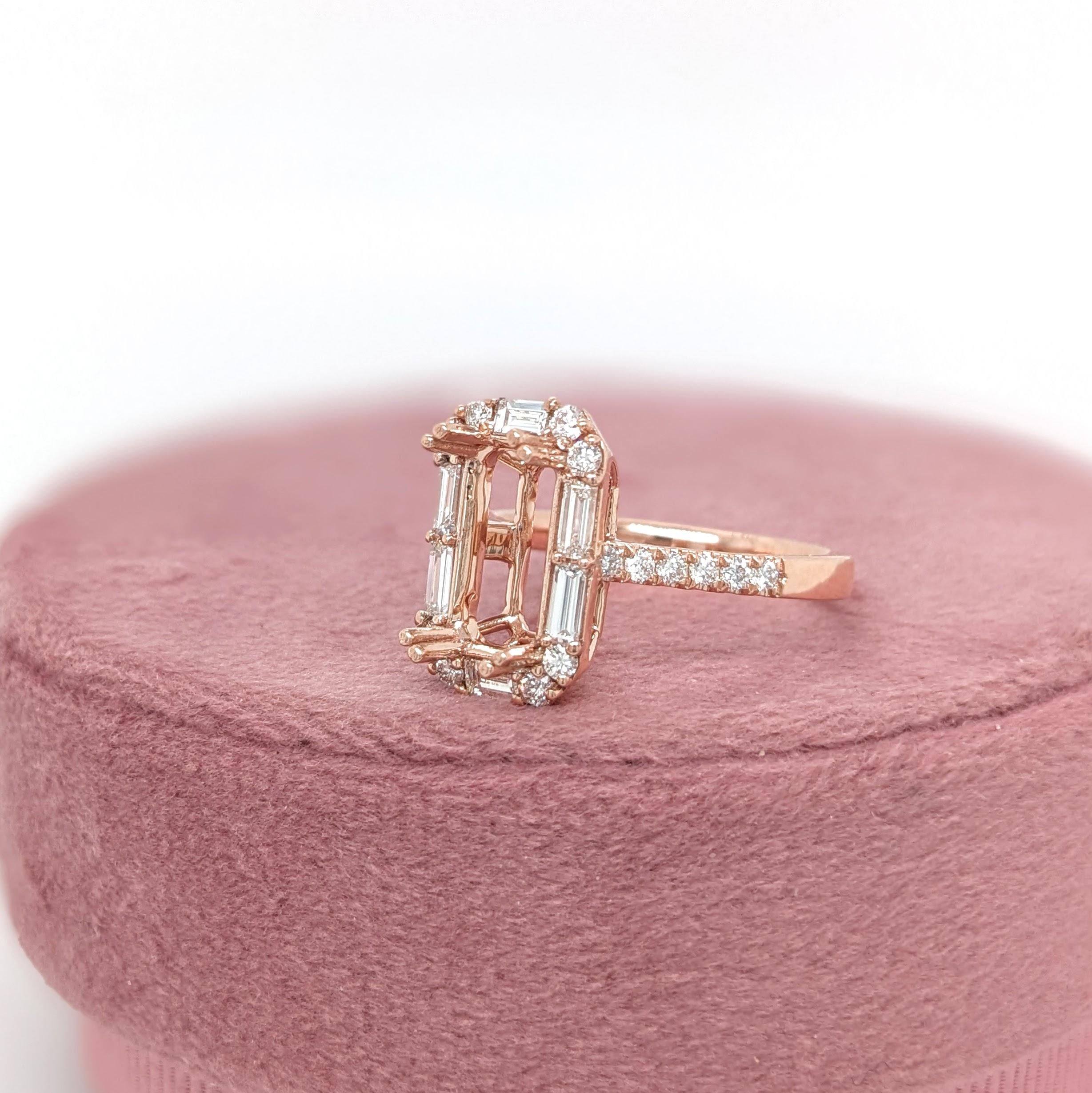 Ring Semi Mount w Earth Mined Diamonds in Solid 14K Gold | Emerald Cut 10.5x5mm