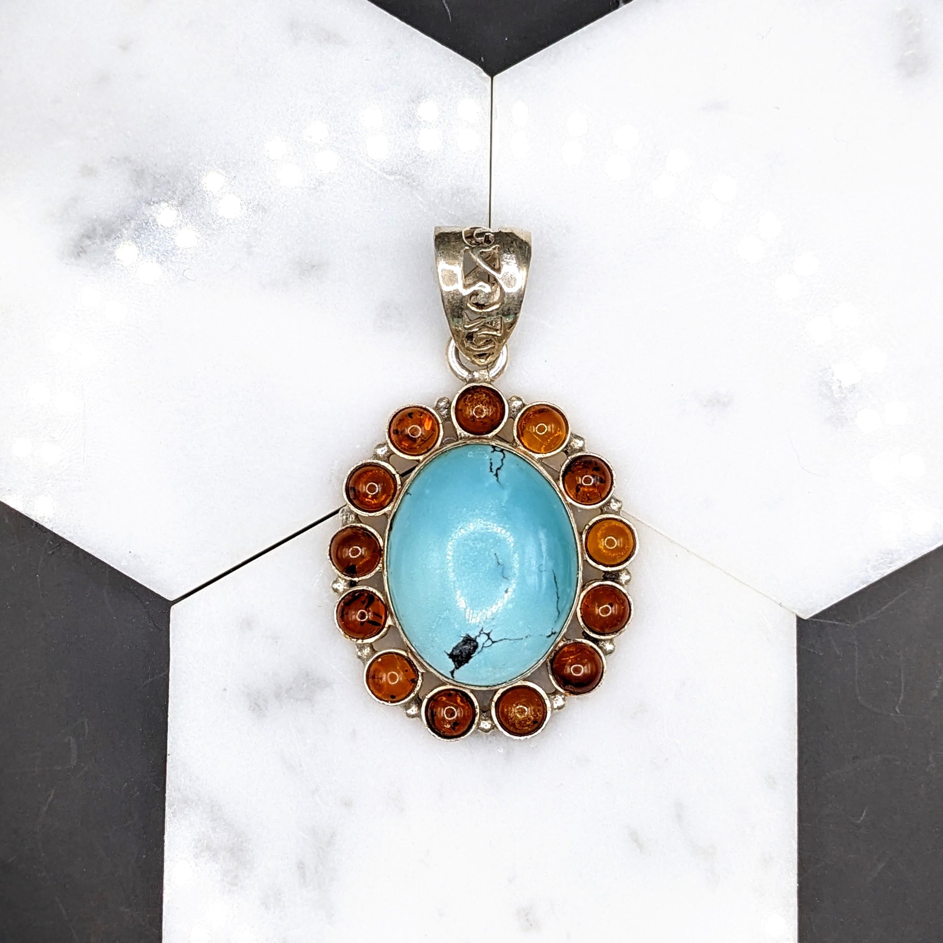 Natural Turquoise and Amber Pendant in Solid Vermeil | Cabochon Cut | Oval Shape