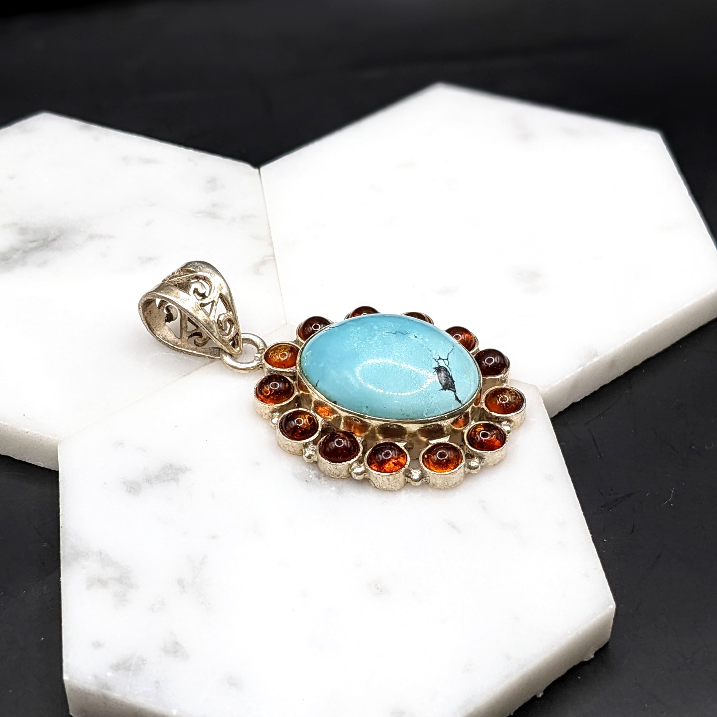 Natural Turquoise and Amber Pendant in Solid Vermeil | Cabochon Cut | Oval Shape