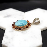 Natural Turquoise and Amber Pendant in Solid Vermeil | Cabochon Cut | Oval Shape