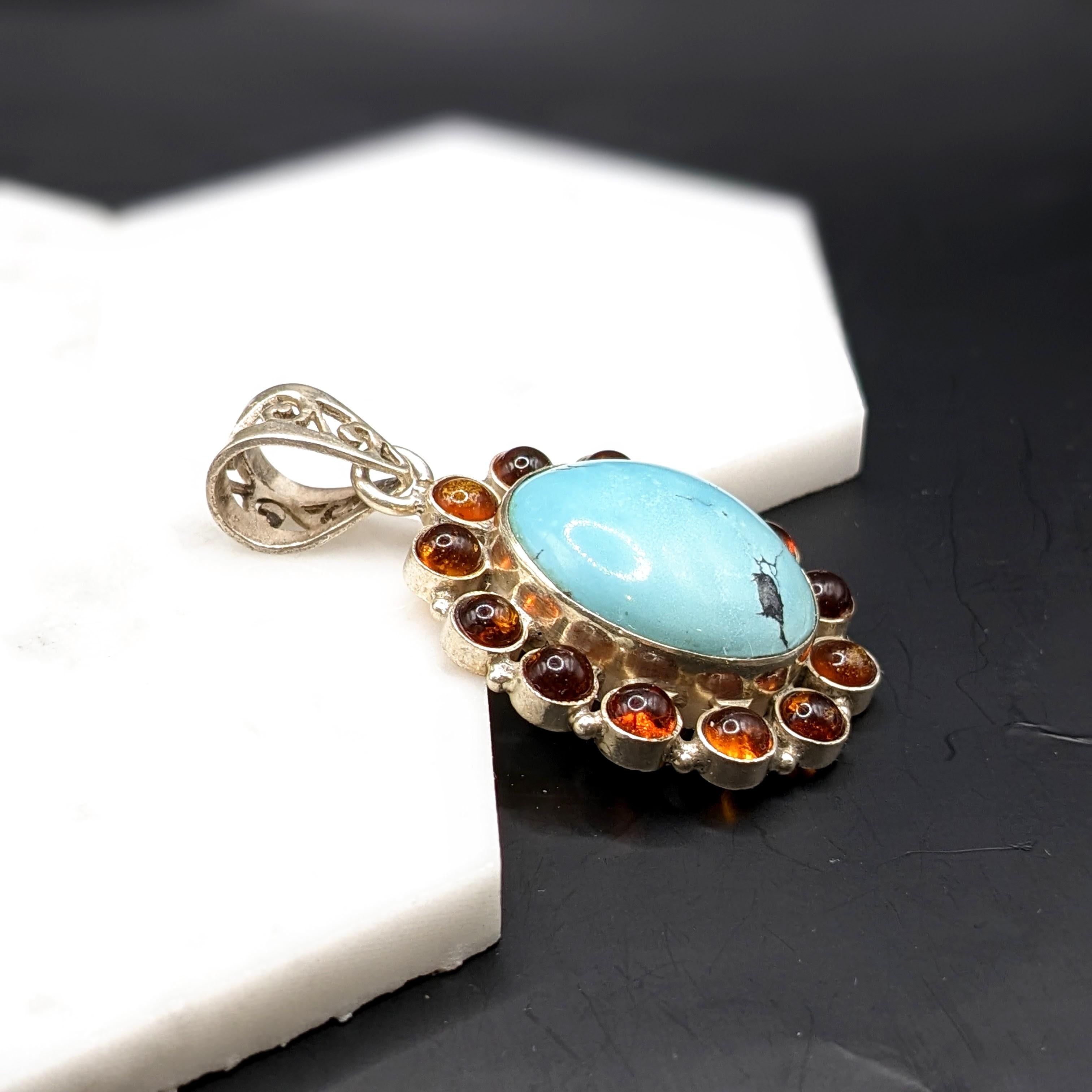 Natural Turquoise and Amber Pendant in Solid Vermeil | Cabochon Cut | Oval Shape