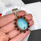 Natural Turquoise and Amber Pendant in Solid Vermeil | Cabochon Cut | Oval Shape