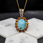 Natural Turquoise and Amber Pendant in Solid Vermeil | Cabochon Cut | Oval Shape