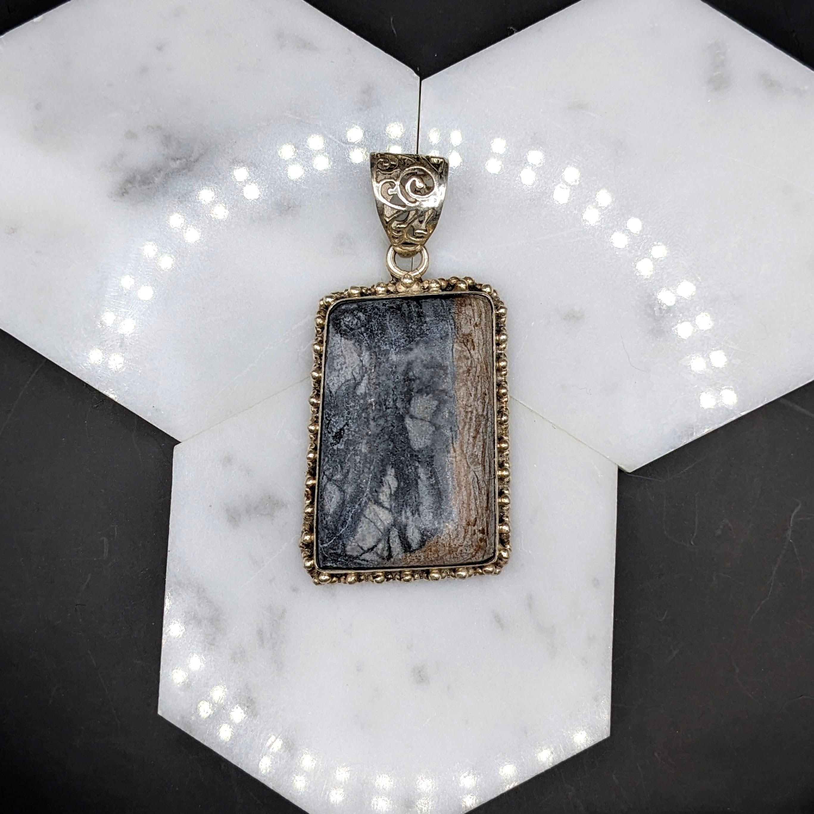 Natural Picasso Marble Pendant in Solid Vermeil | Cabochon Cut | Bezel Setting
