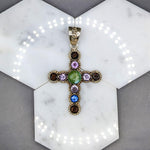 Multi Gemstone Cross Pendant in Solid Vermeil | Cabochon Cut | Round Shape