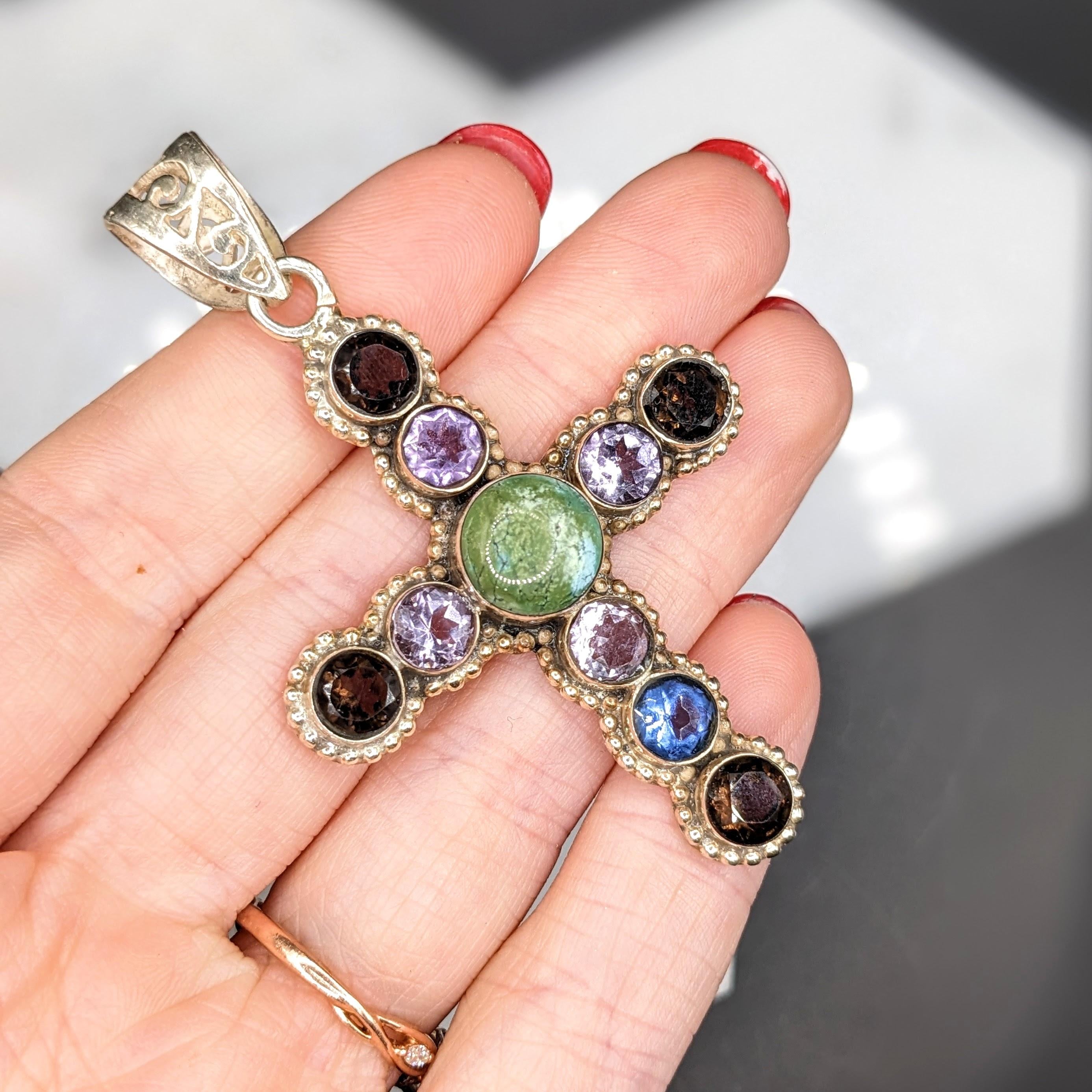 Multi Gemstone Cross Pendant in Solid Vermeil | Cabochon Cut | Round Shape