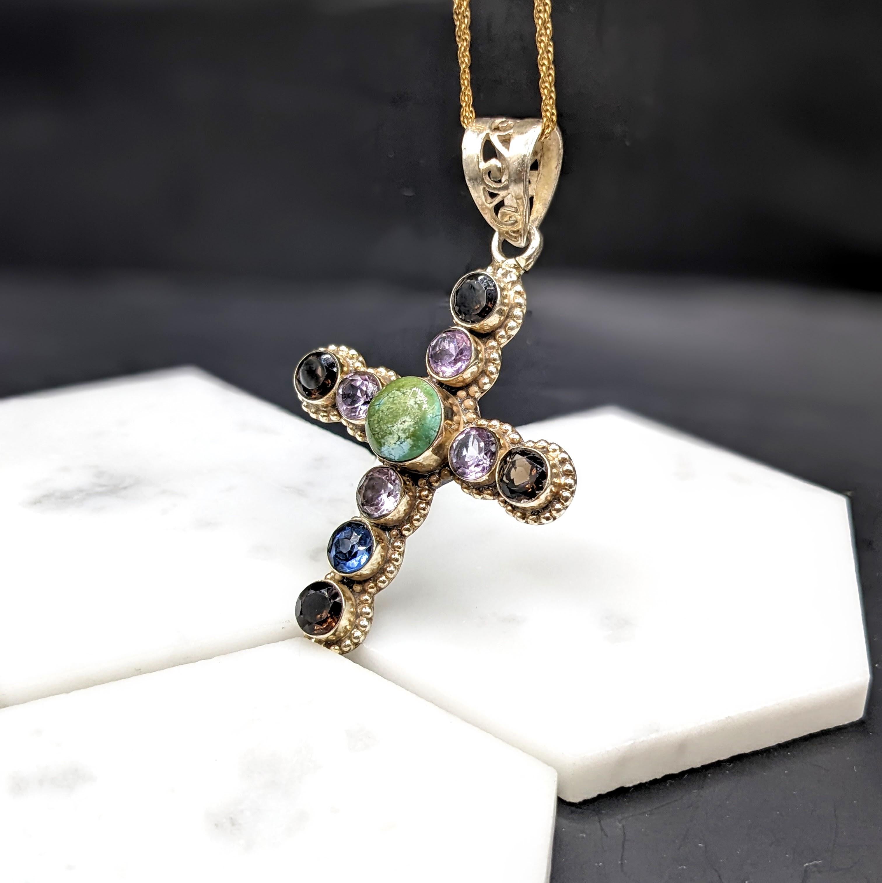 Multi Gemstone Cross Pendant in Solid Vermeil | Cabochon Cut | Round Shape