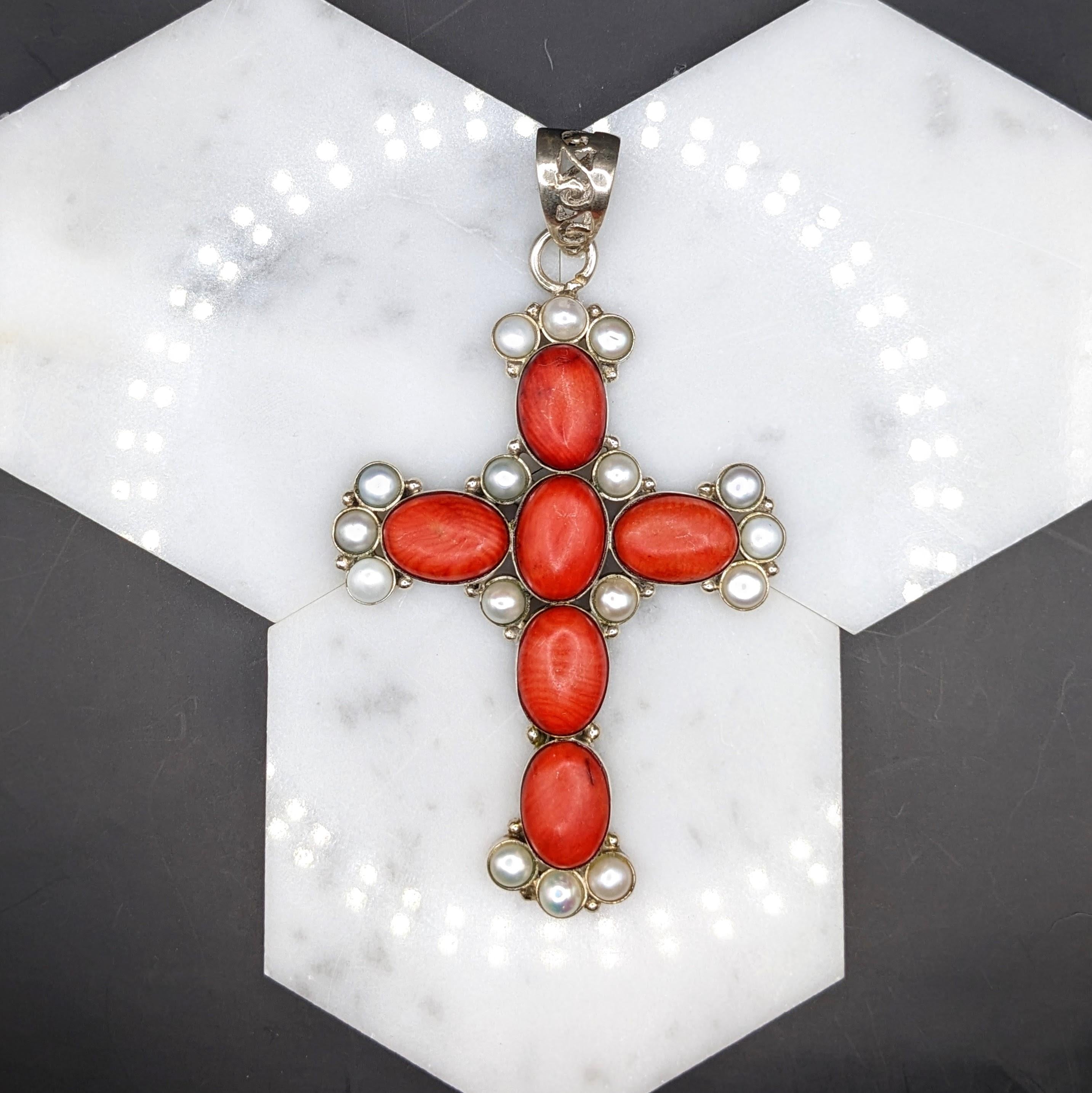 Natural Coral & Pearl Cross Pendant in Solid Vermeil | Cabochon Cut | Bezel Set