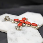 Natural Coral & Pearl Cross Pendant in Solid Vermeil | Cabochon Cut | Bezel Set