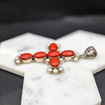 Natural Coral & Pearl Cross Pendant in Solid Vermeil | Cabochon Cut | Bezel Set