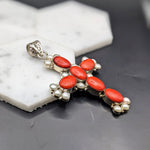 Natural Coral & Pearl Cross Pendant in Solid Vermeil | Cabochon Cut | Bezel Set