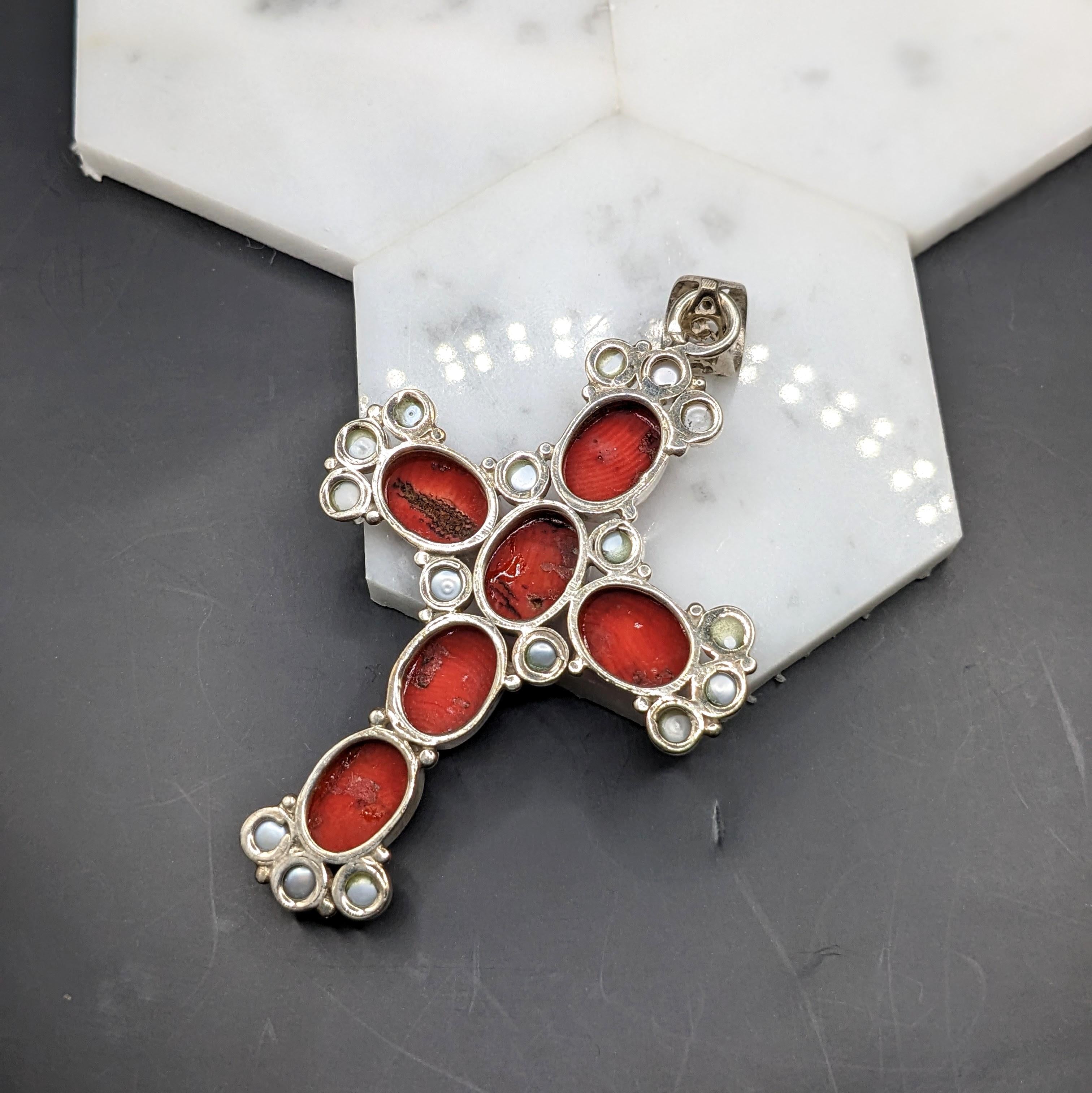 Natural Coral & Pearl Cross Pendant in Solid Vermeil | Cabochon Cut | Bezel Set