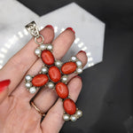 Natural Coral & Pearl Cross Pendant in Solid Vermeil | Cabochon Cut | Bezel Set