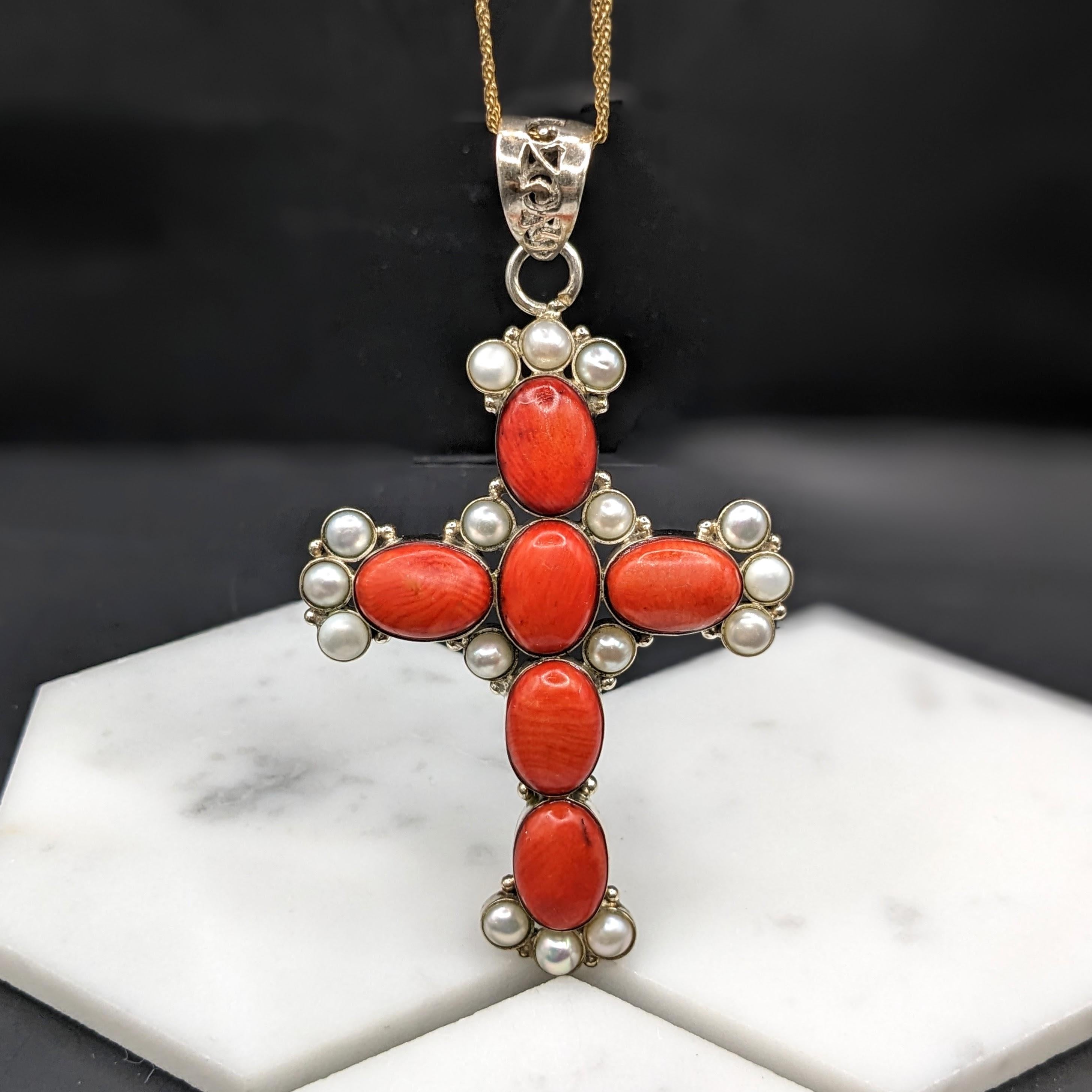 Natural Coral & Pearl Cross Pendant in Solid Vermeil | Cabochon Cut | Bezel Set