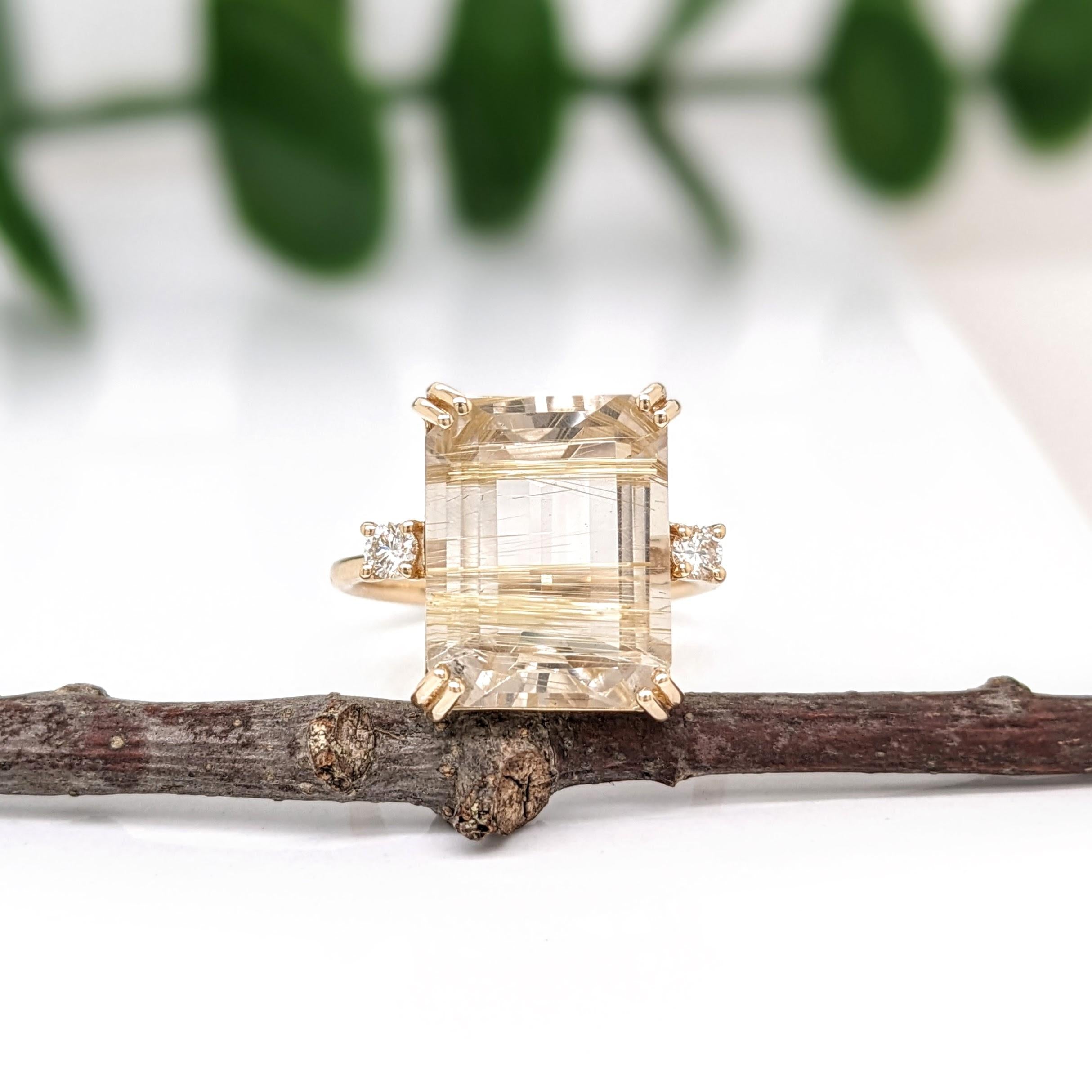 7.7ct Rutilated Quartz Ring w Earth Mined Diamonds in Solid 14K Gold | EM 14x11