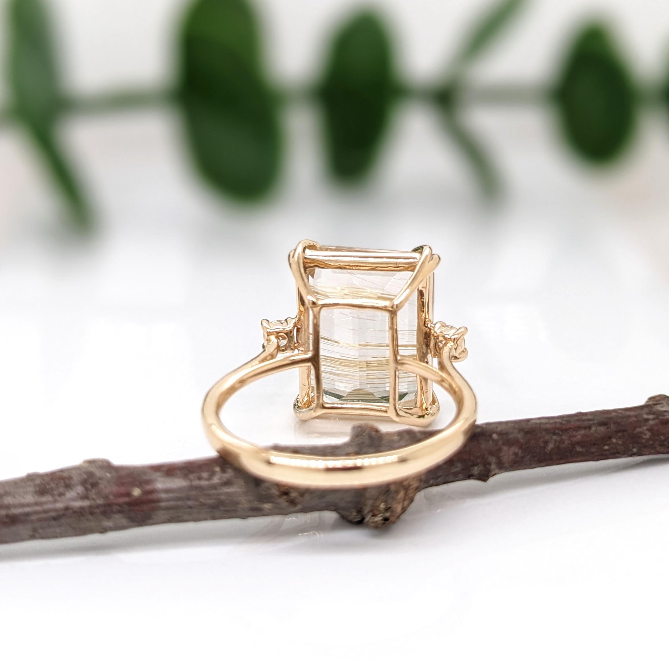 7.7ct Rutilated Quartz Ring w Earth Mined Diamonds in Solid 14K Gold | EM 14x11