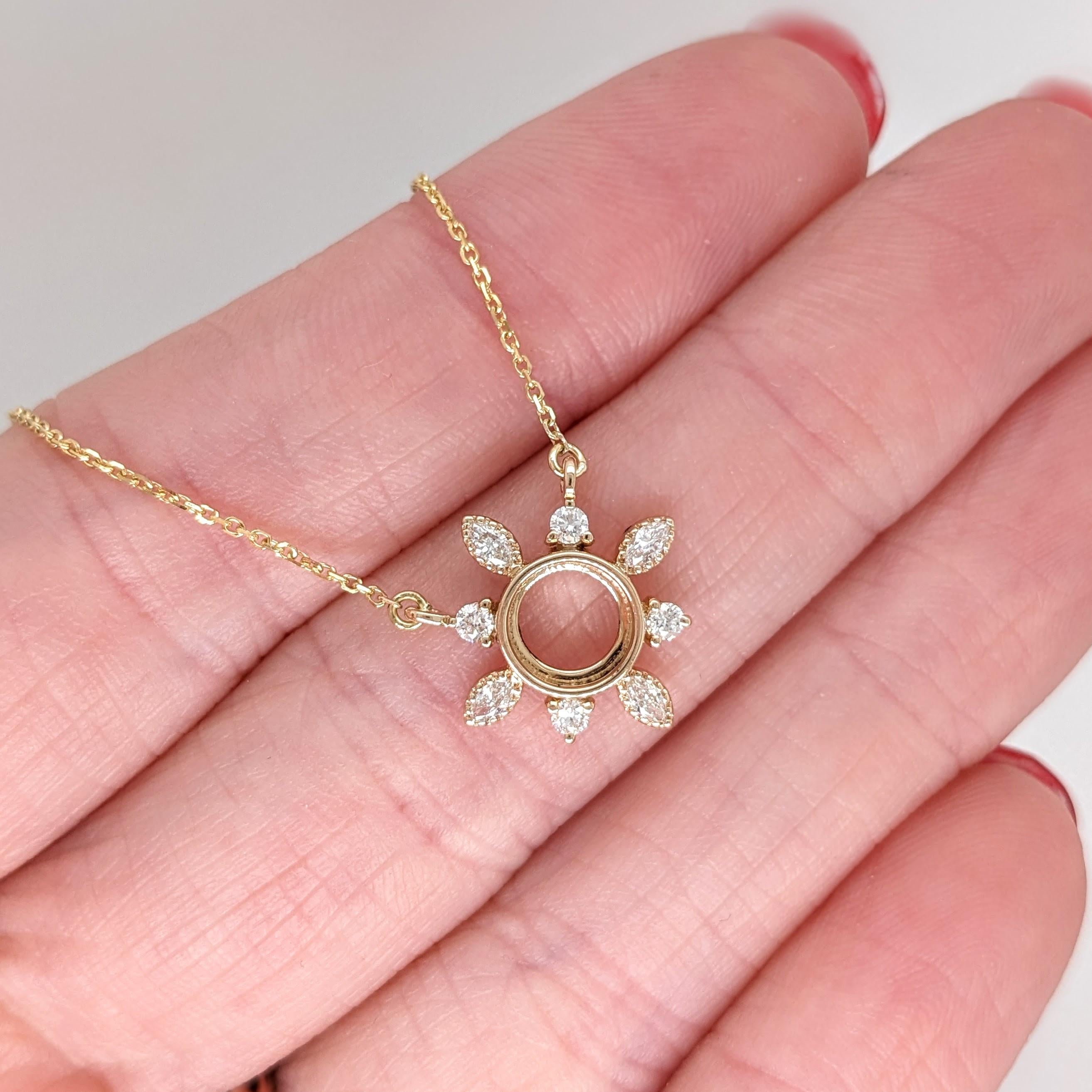 Pendant Necklace Semi Mount w Earth Mined Diamonds in Solid 14K Gold | Round 6mm