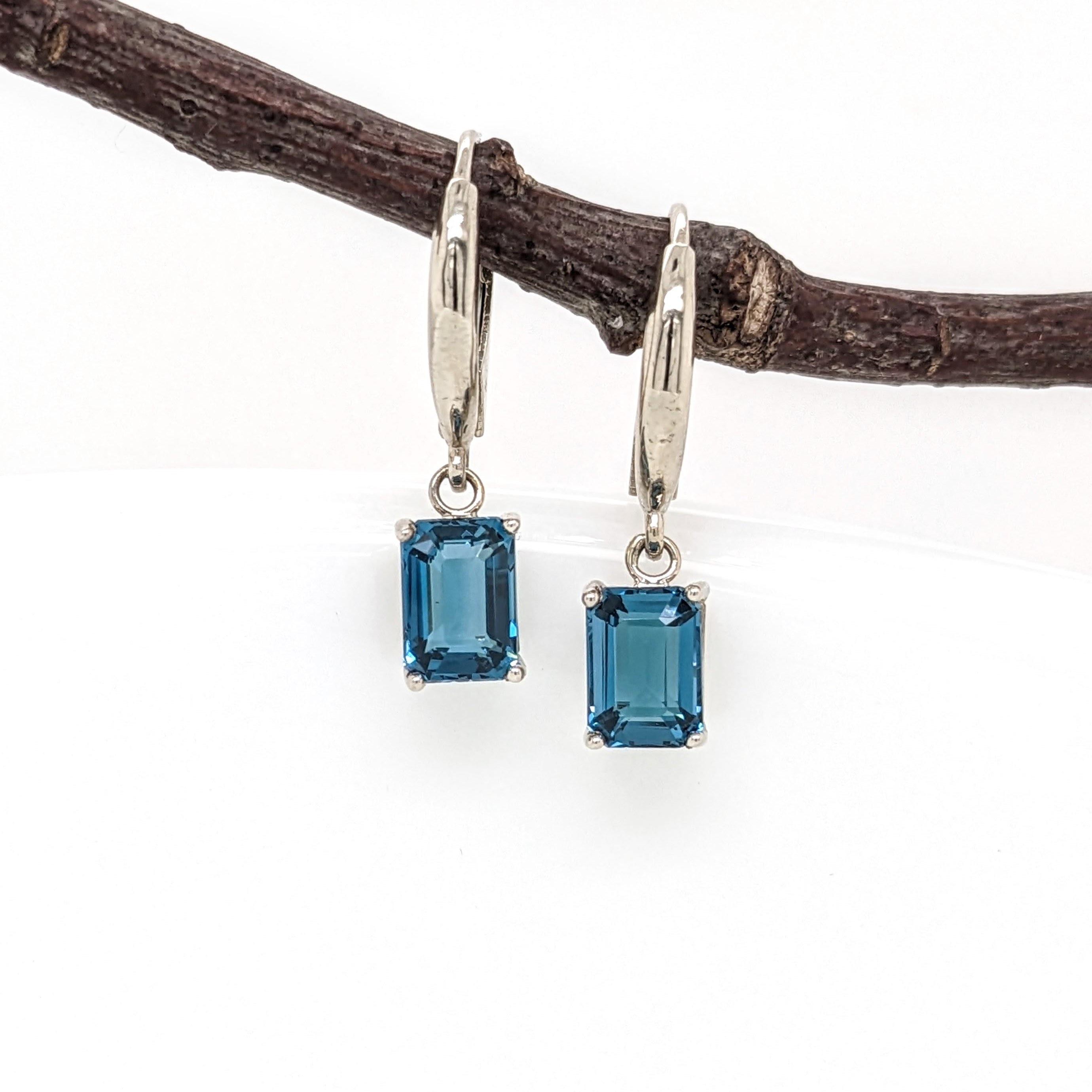 London Blue Topaz Lever Top Solitaire Earrings in Solid 14K Gold | EM 7x5mm