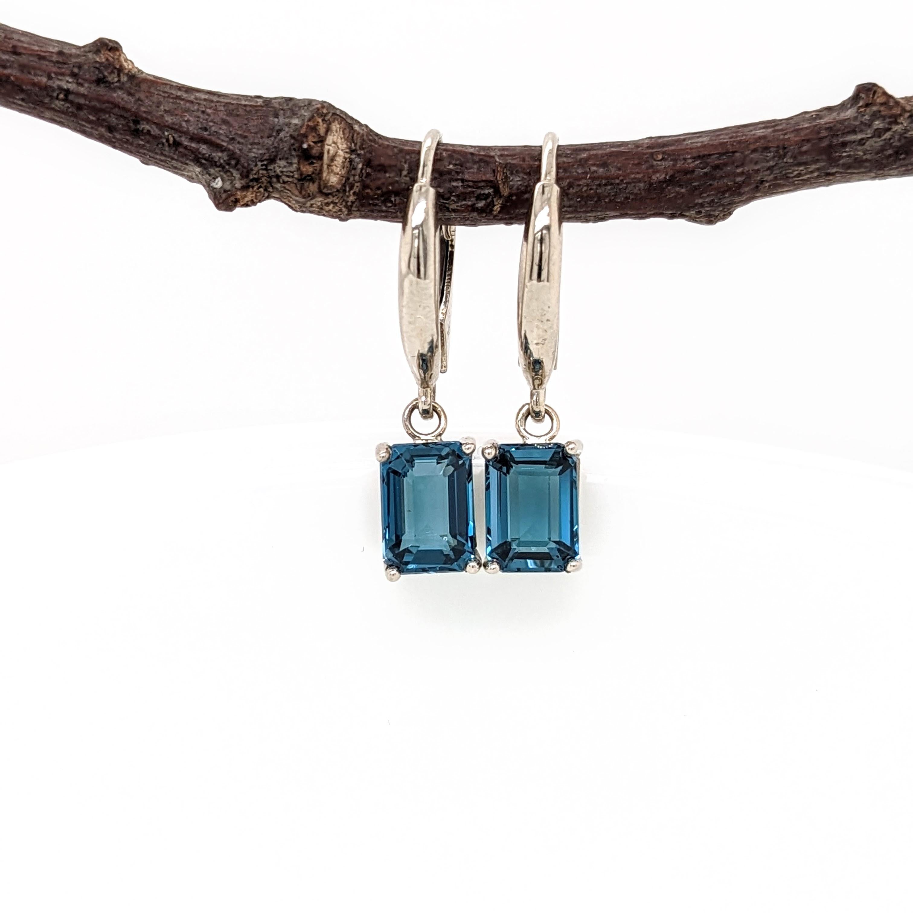 London Blue Topaz Lever Top Solitaire Earrings in Solid 14K Gold | EM 7x5mm