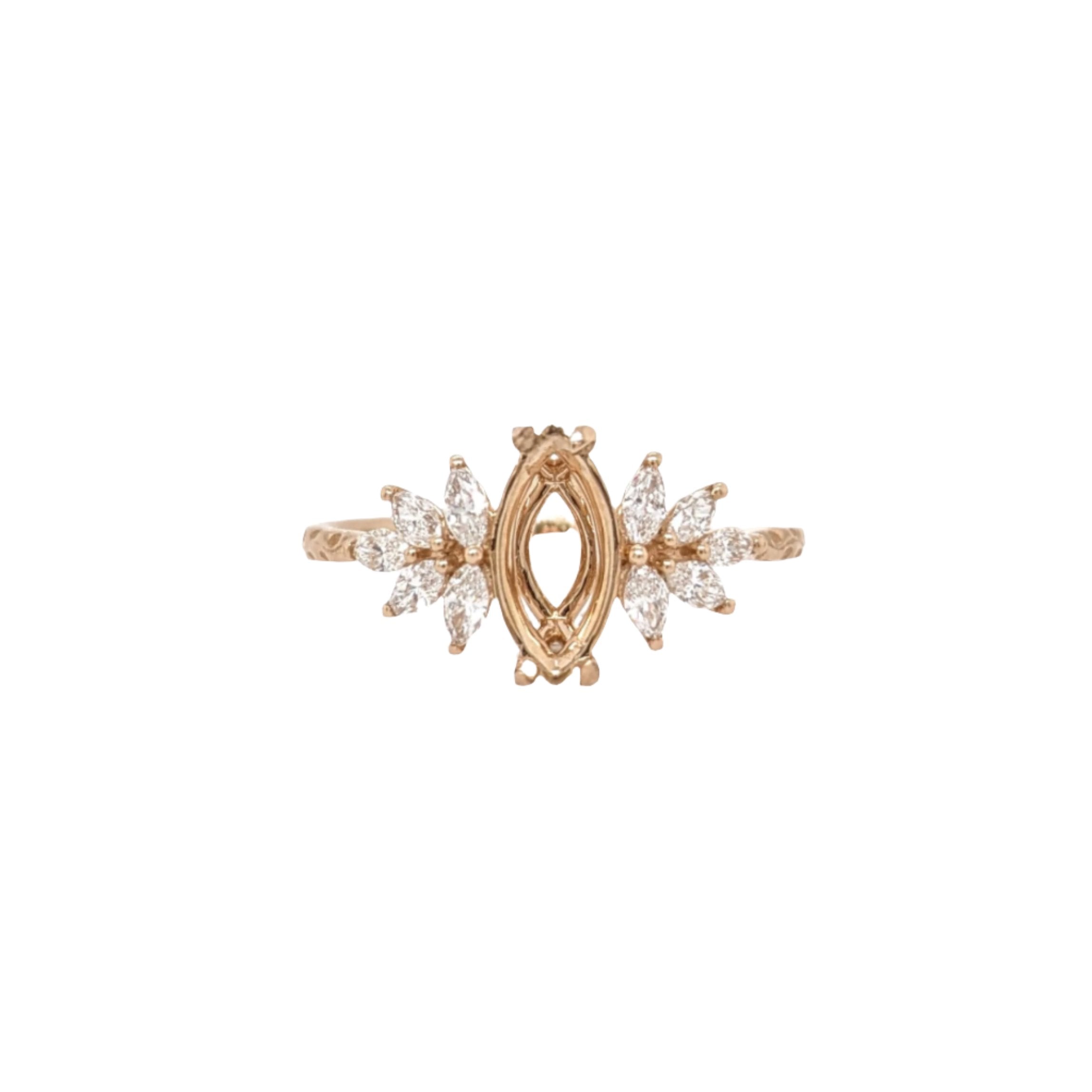 Ring Semi Mount w Earth Mined Diamonds in Solid 14K Gold | Marquise 10x8mm