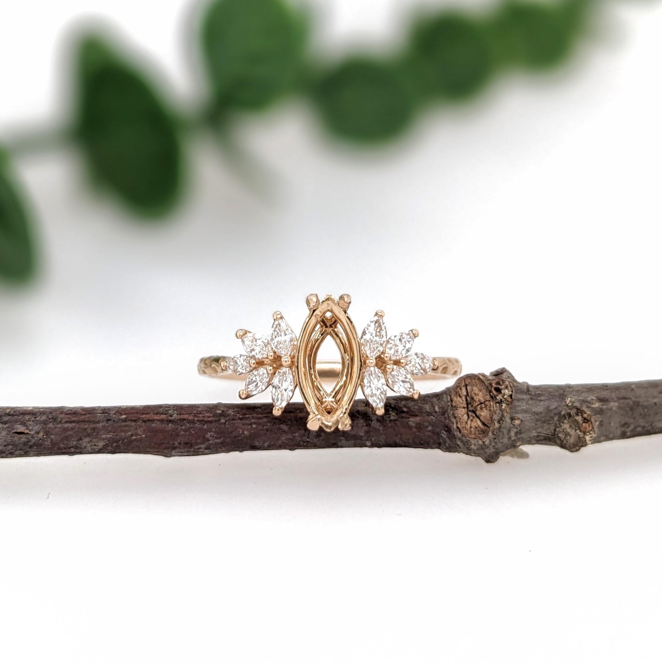 Ring Semi Mount w Earth Mined Diamonds in Solid 14K Gold | Marquise 10x8mm