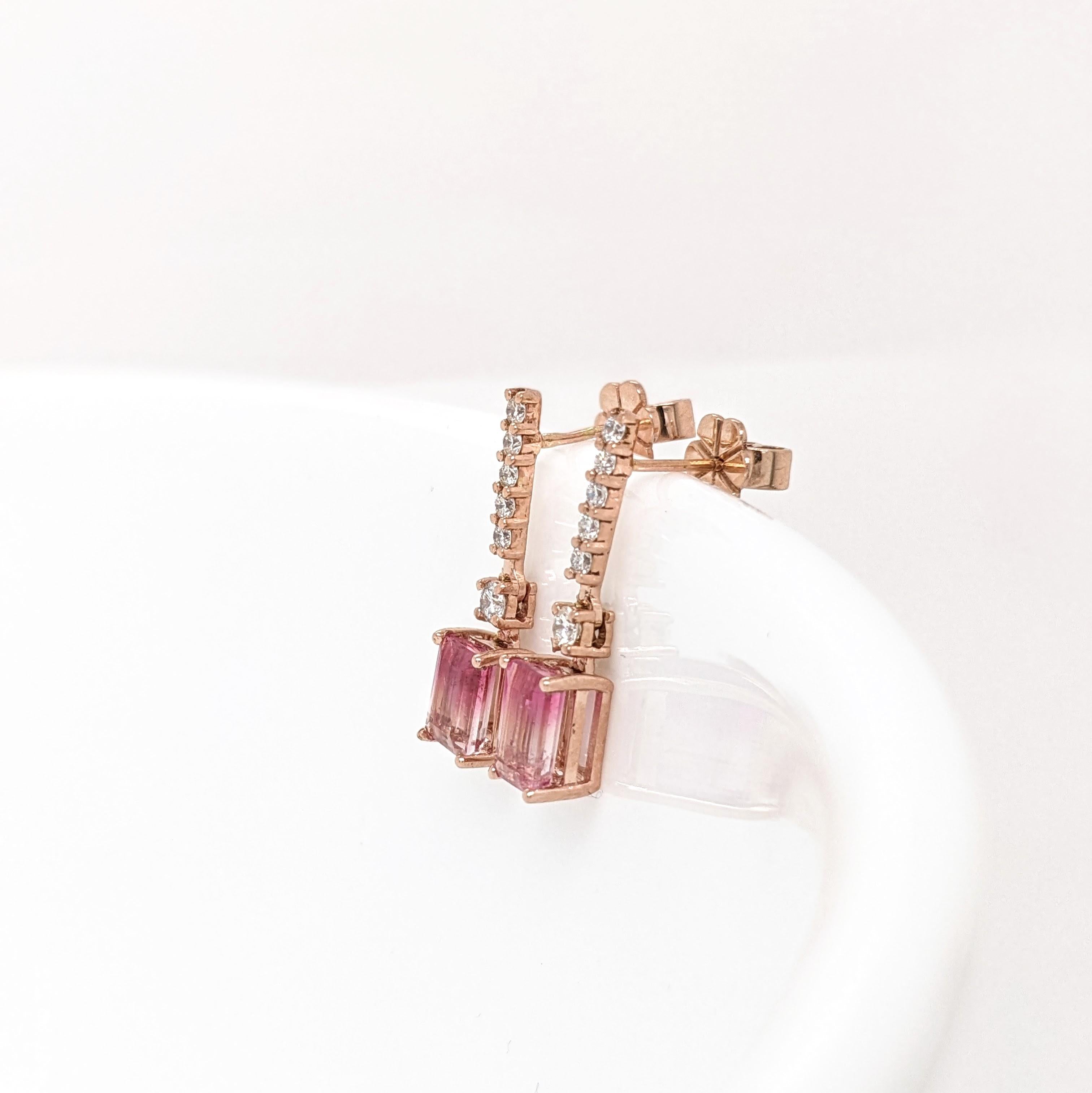 Bicolor Tourmaline Dangle Earrings w Earth Mined Diamonds in Solid 14K Rose Gold