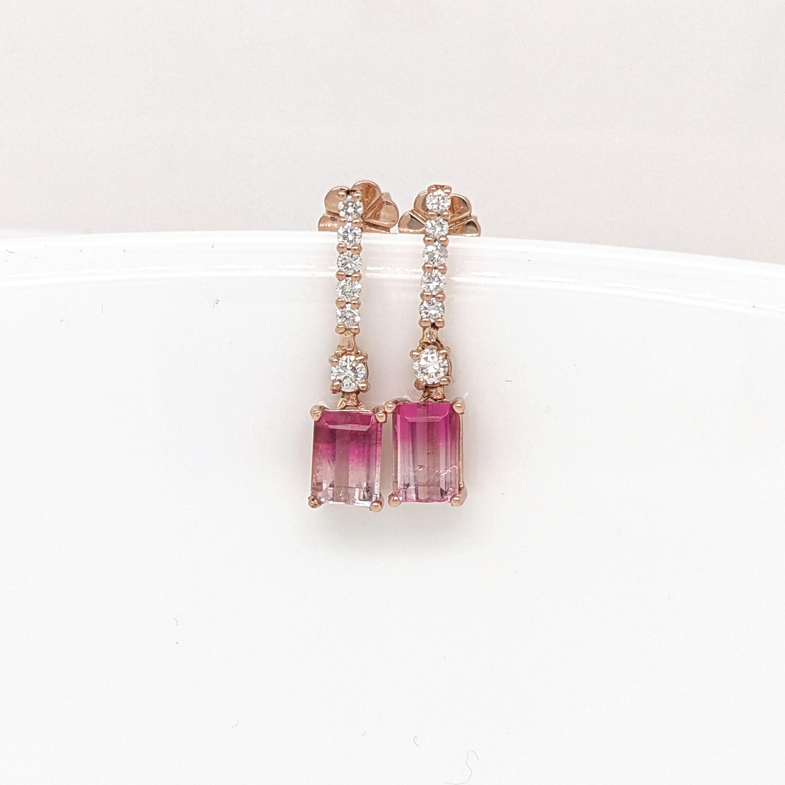 Bicolor Tourmaline Dangle Earrings w Earth Mined Diamonds in Solid 14K Rose Gold