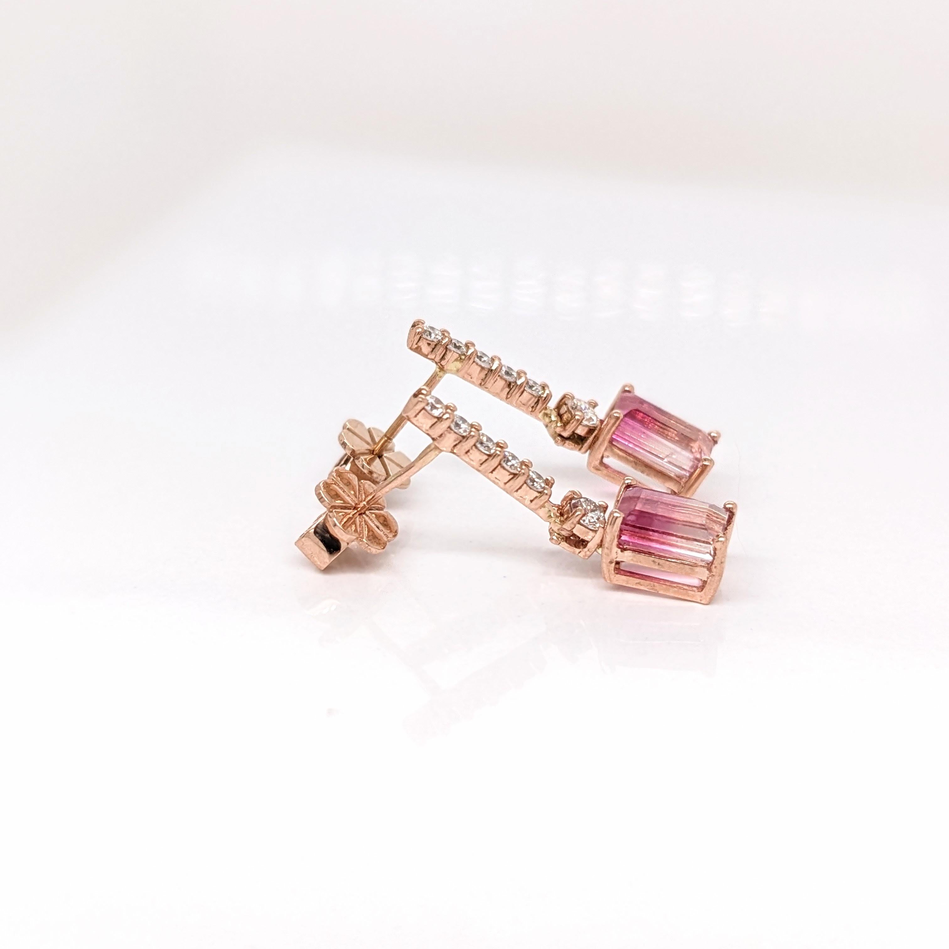 Bicolor Tourmaline Dangle Earrings w Earth Mined Diamonds in Solid 14K Rose Gold